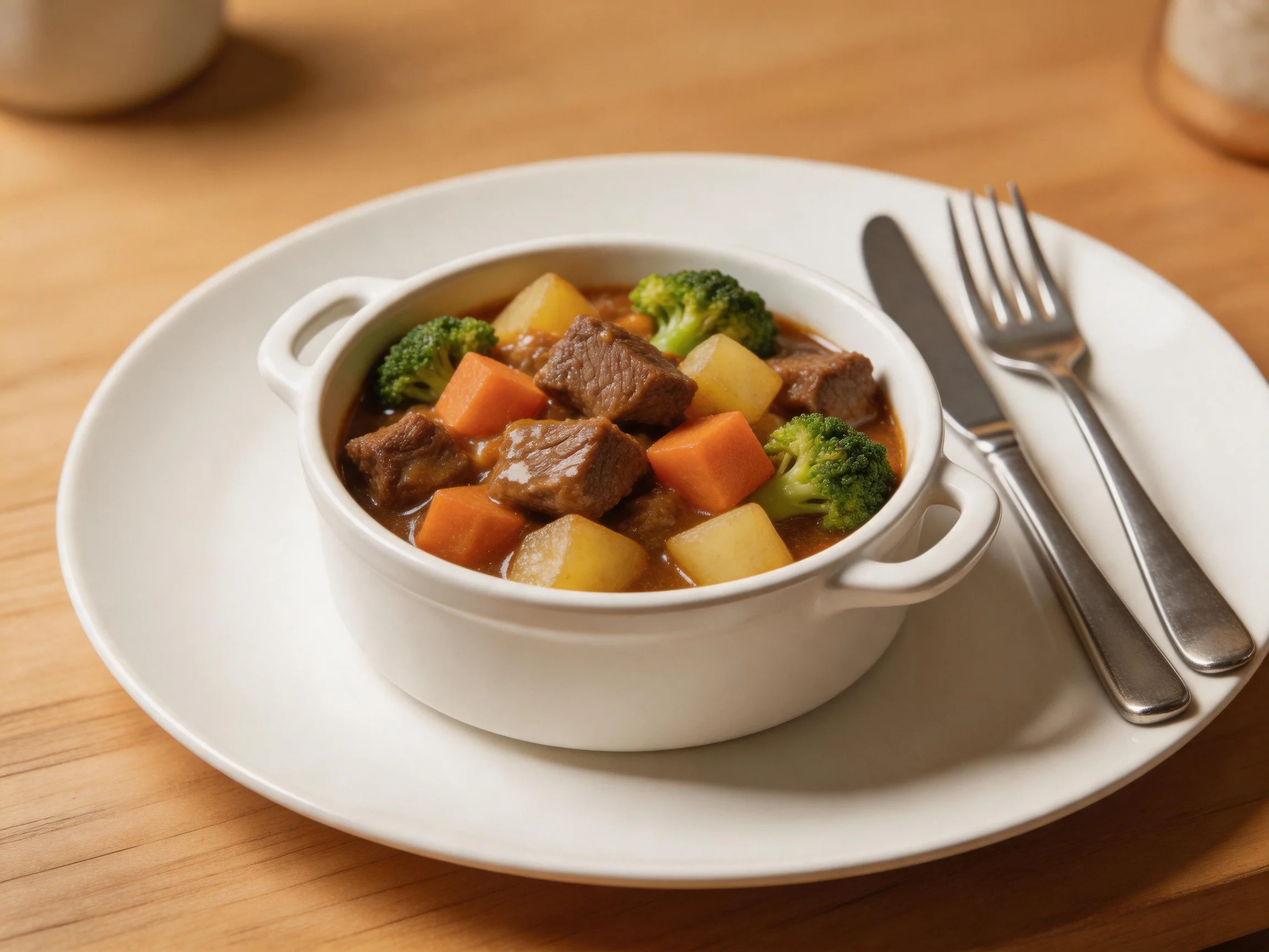 Hearty beef stew with mixed veggies in white ceramic bowl