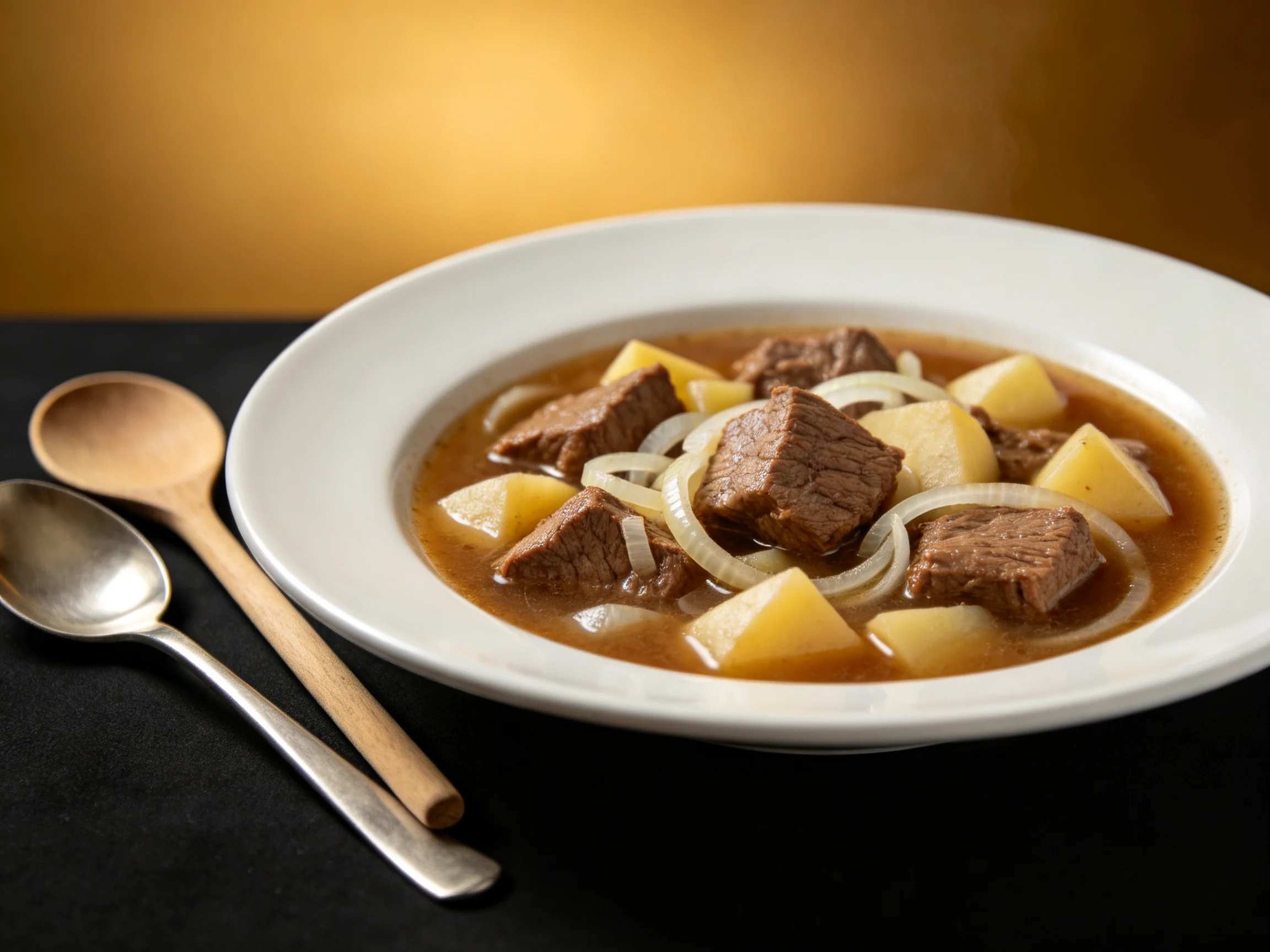 Hearty beef stew with potatoes and onions in a white bowl