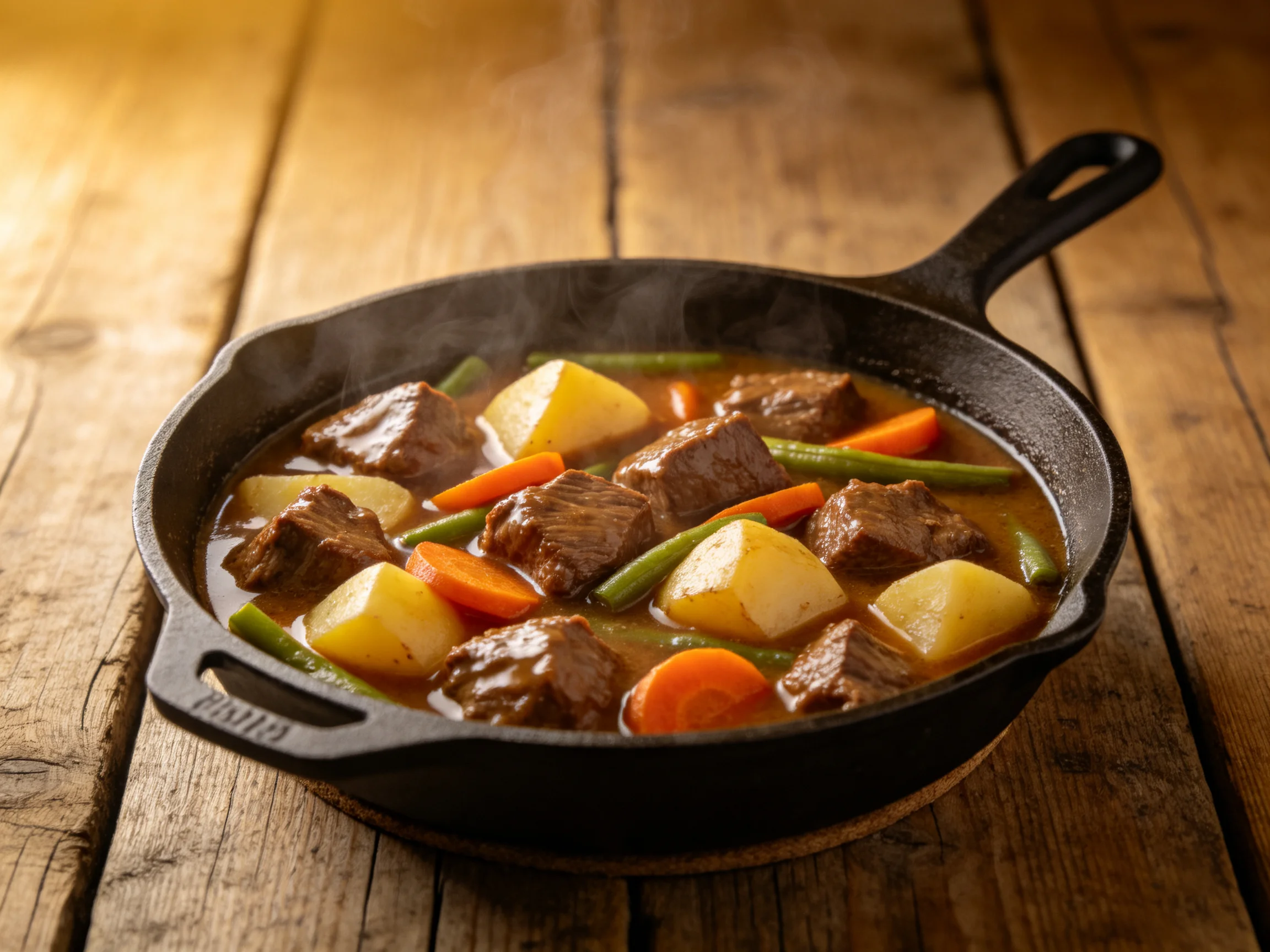 Hearty beef stew with potatoes, carrots, and green beans in a cast iron skillet