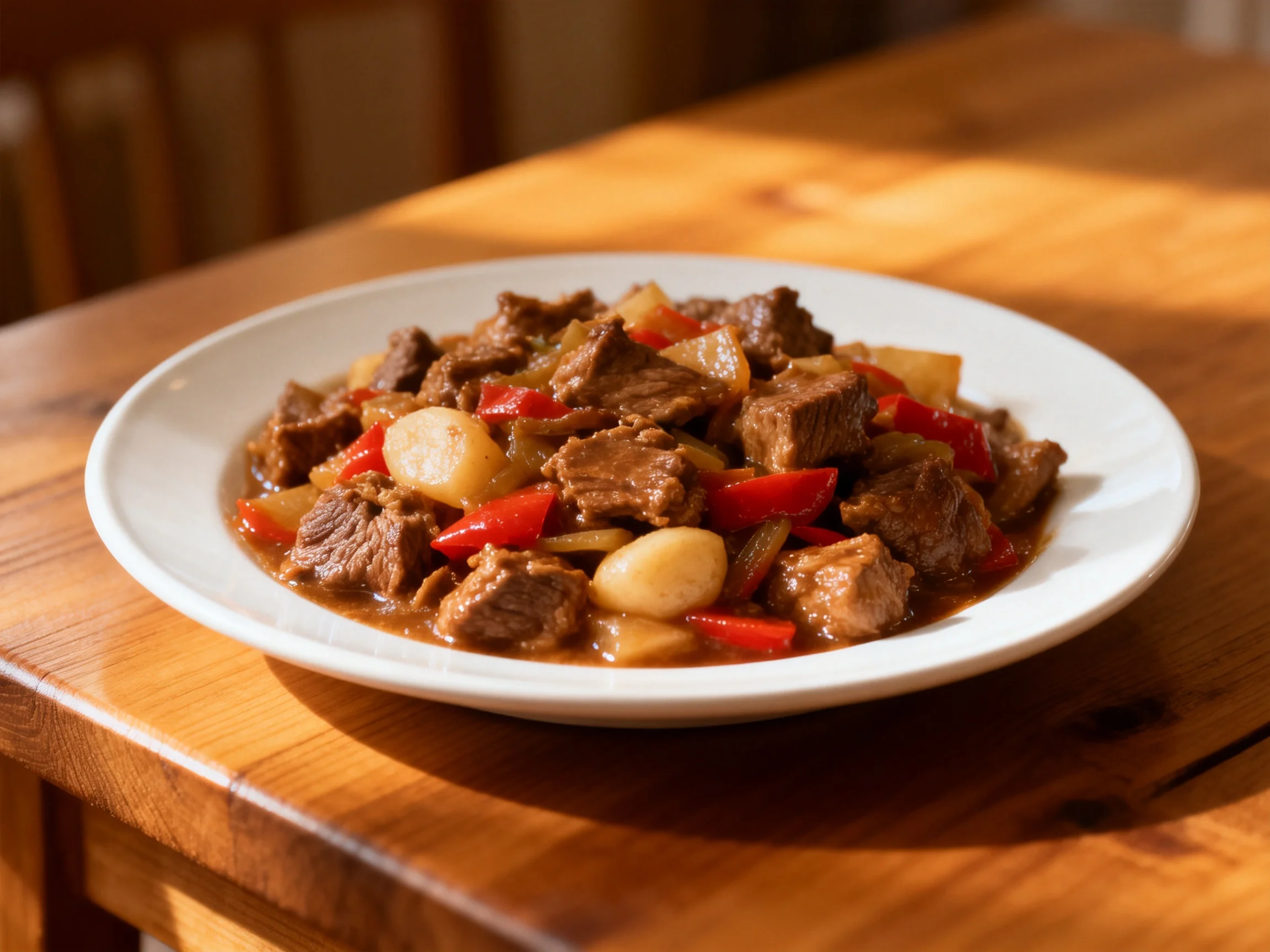 A plate of hearty beef stew with colorful vegetables sits on a wooden table.