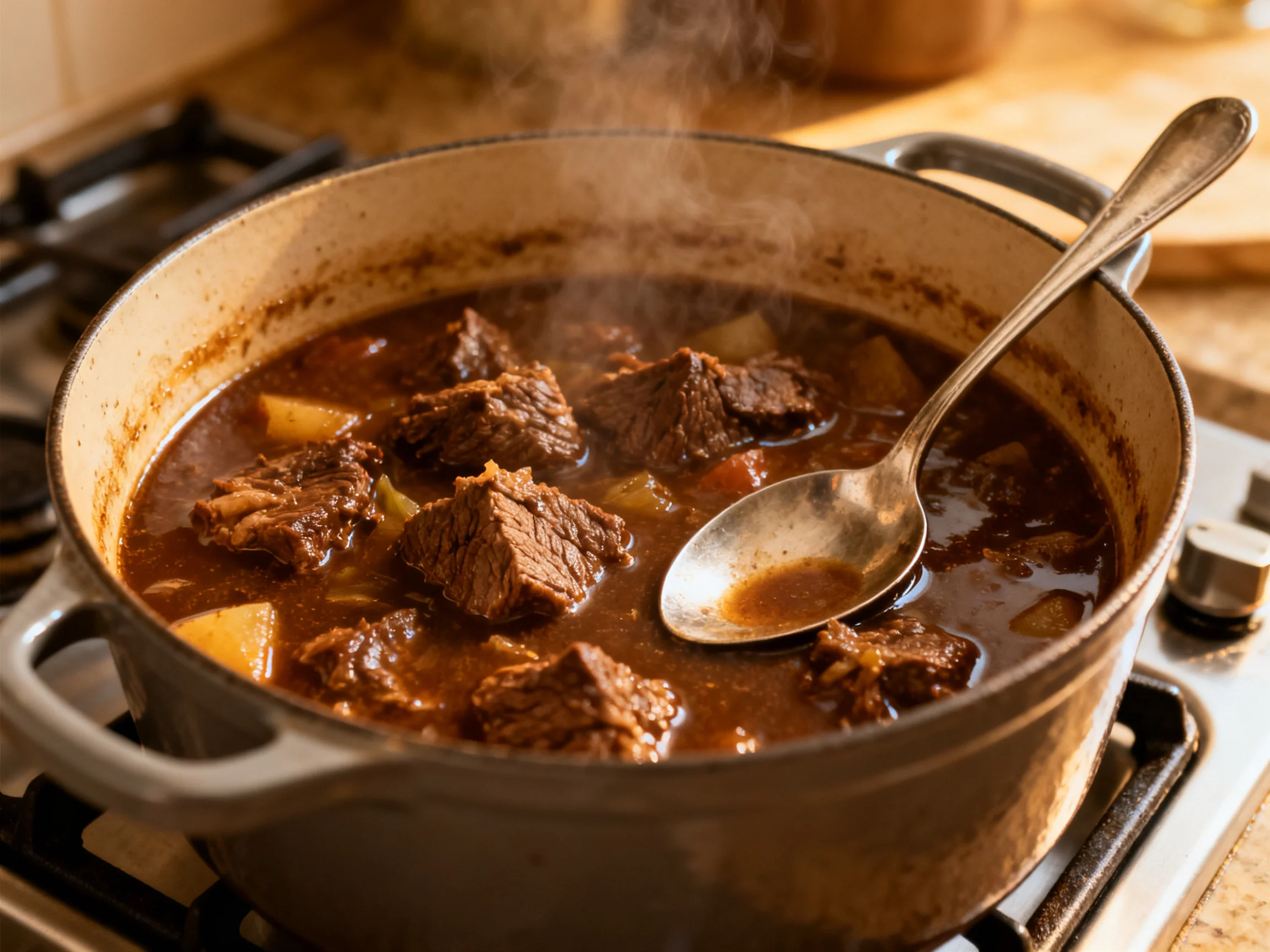 Hearty beef stew with rich brown broth and chunks simmering in a cast iron pot