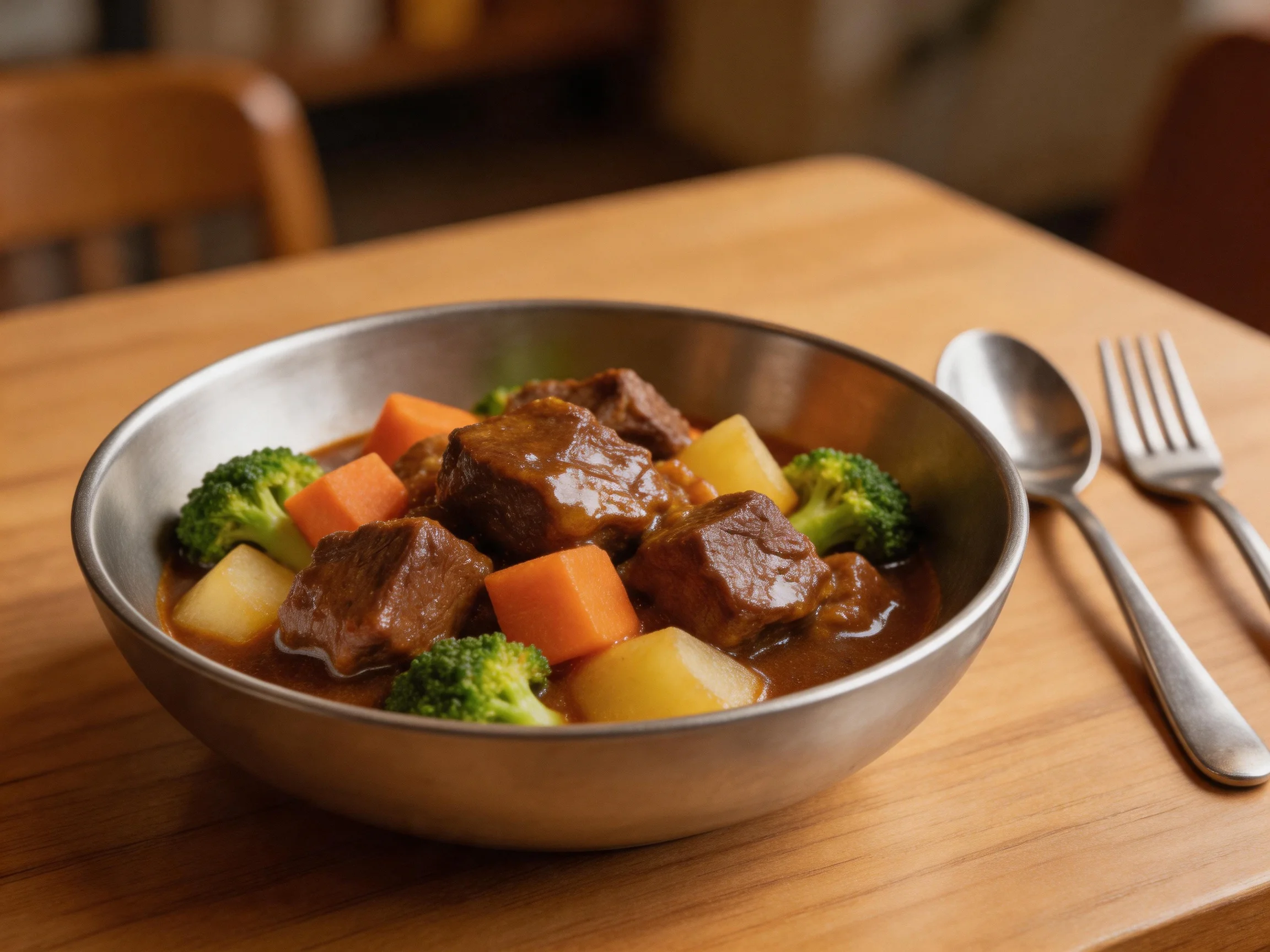 Hearty beef stew with vegetables in a metallic bowl