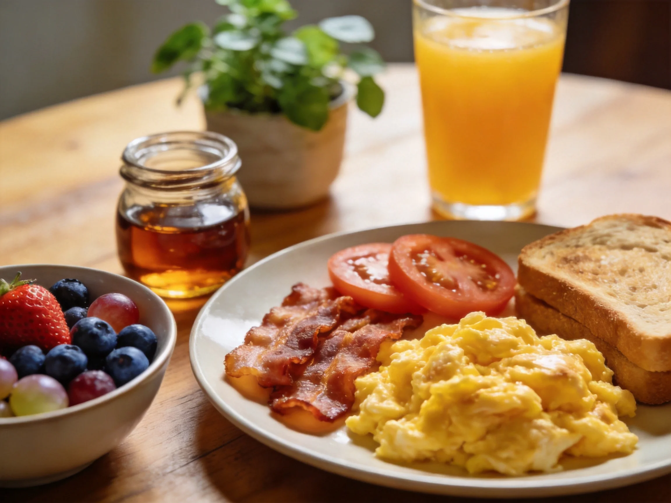Hearty breakfast plate with scrambled eggs, bacon, toast, and fresh fruit