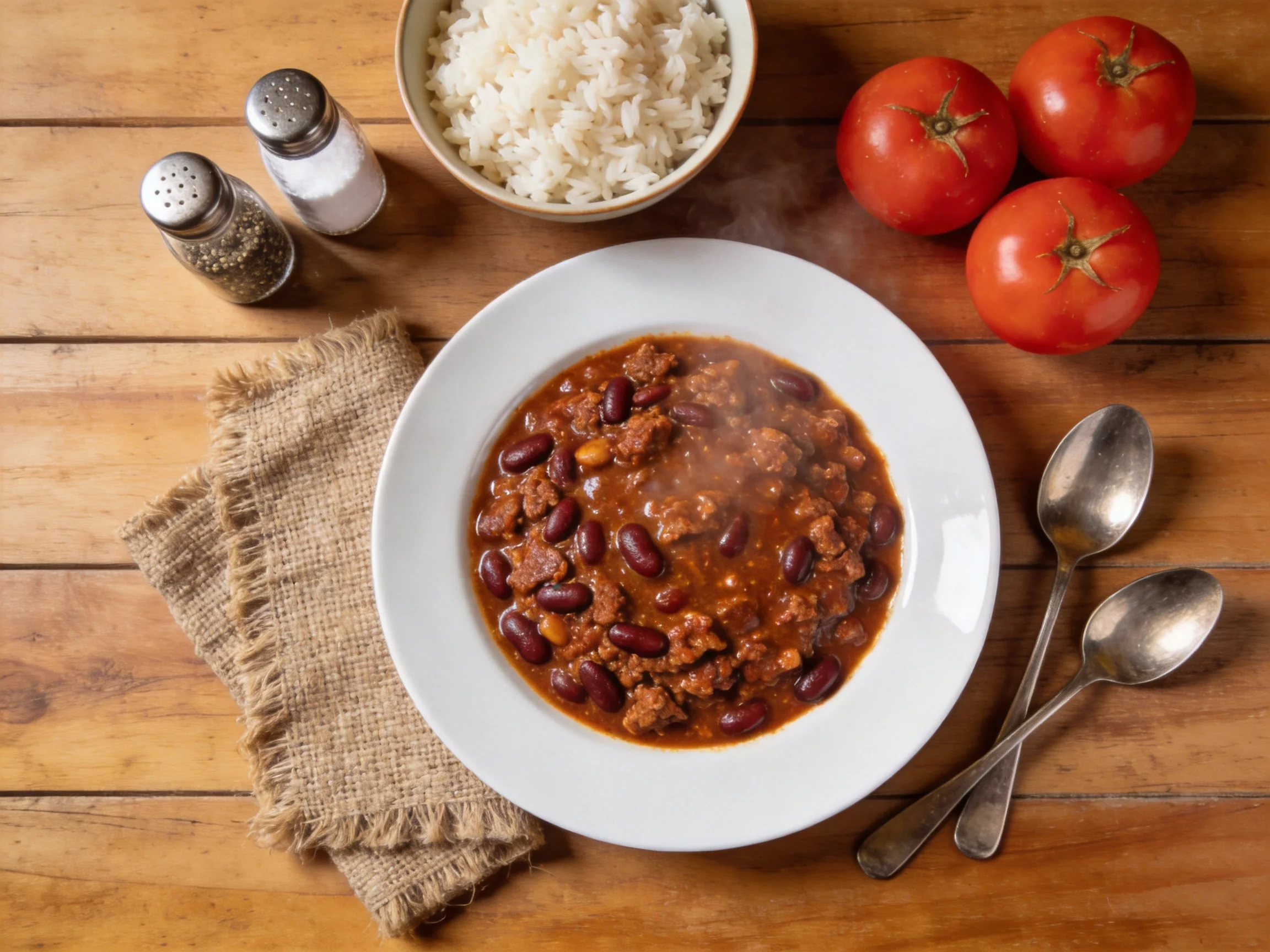 Hearty chili dish with white rice, three red tomatoes, and metal spoons