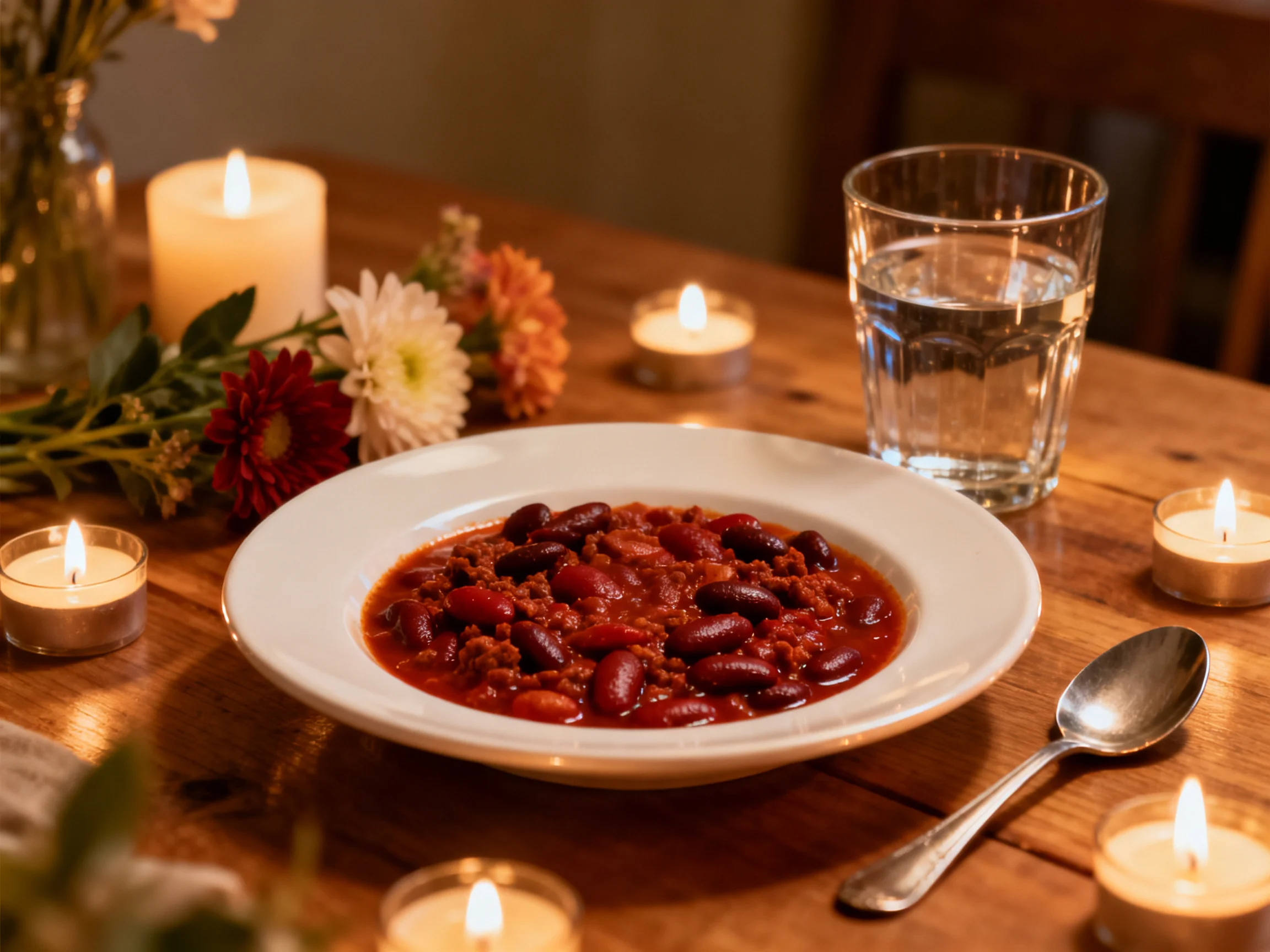 Hearty chili in white bowl amid candles, flowers on wooden table