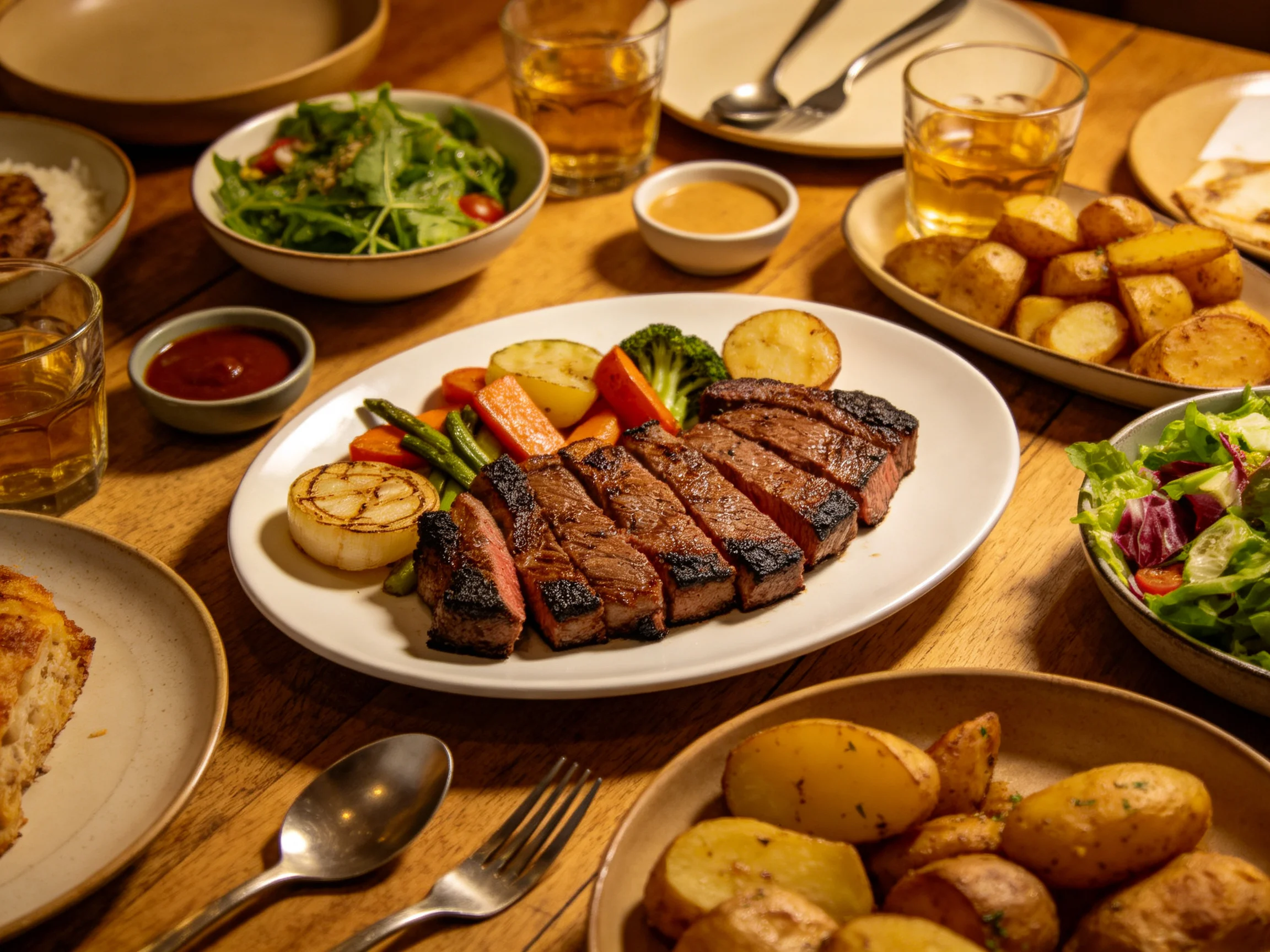 Hearty grilled steak dinner with roasted veggies and fresh sides