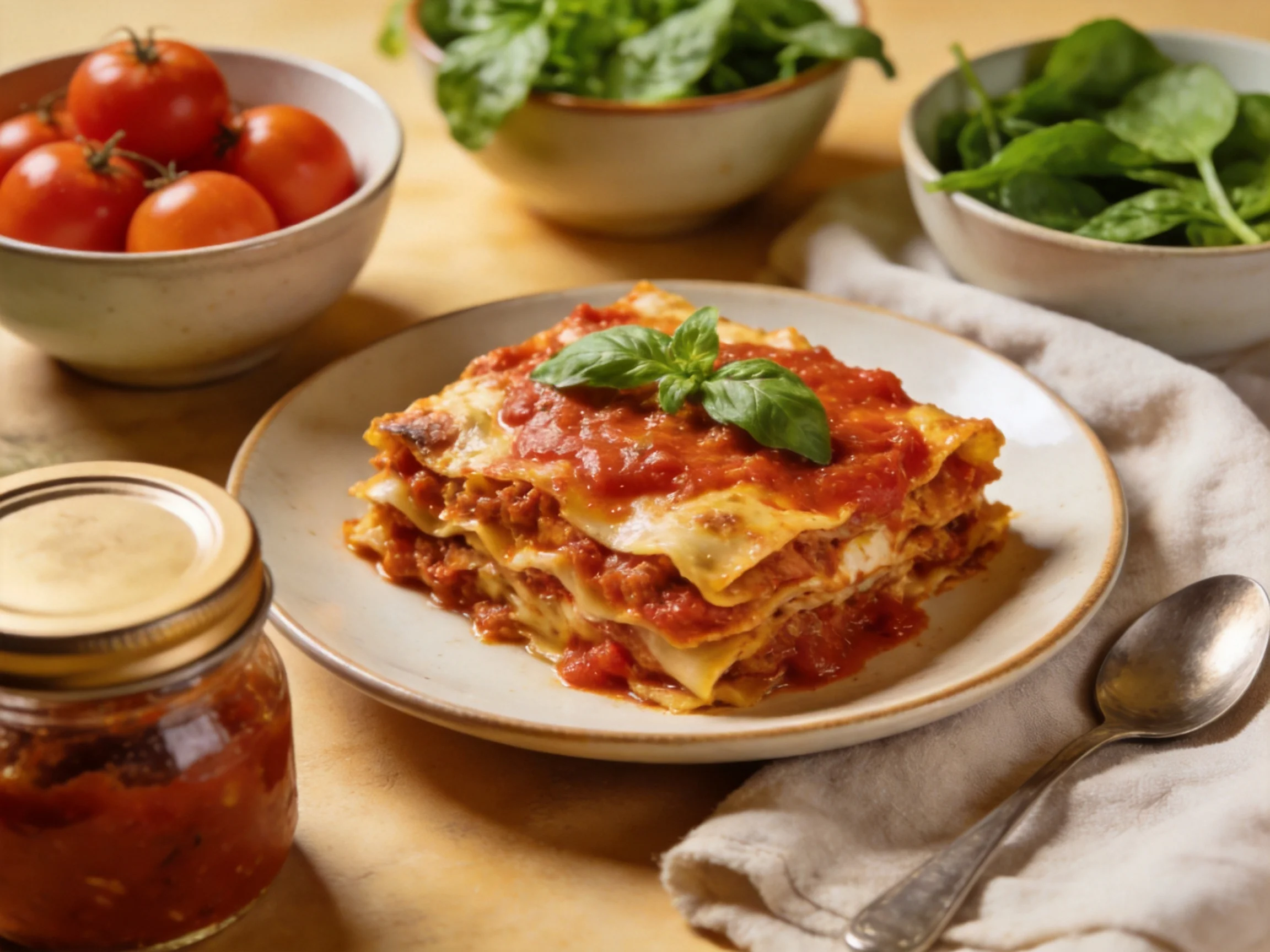 Hearty lasagna slice with fresh tomatoes and greens
