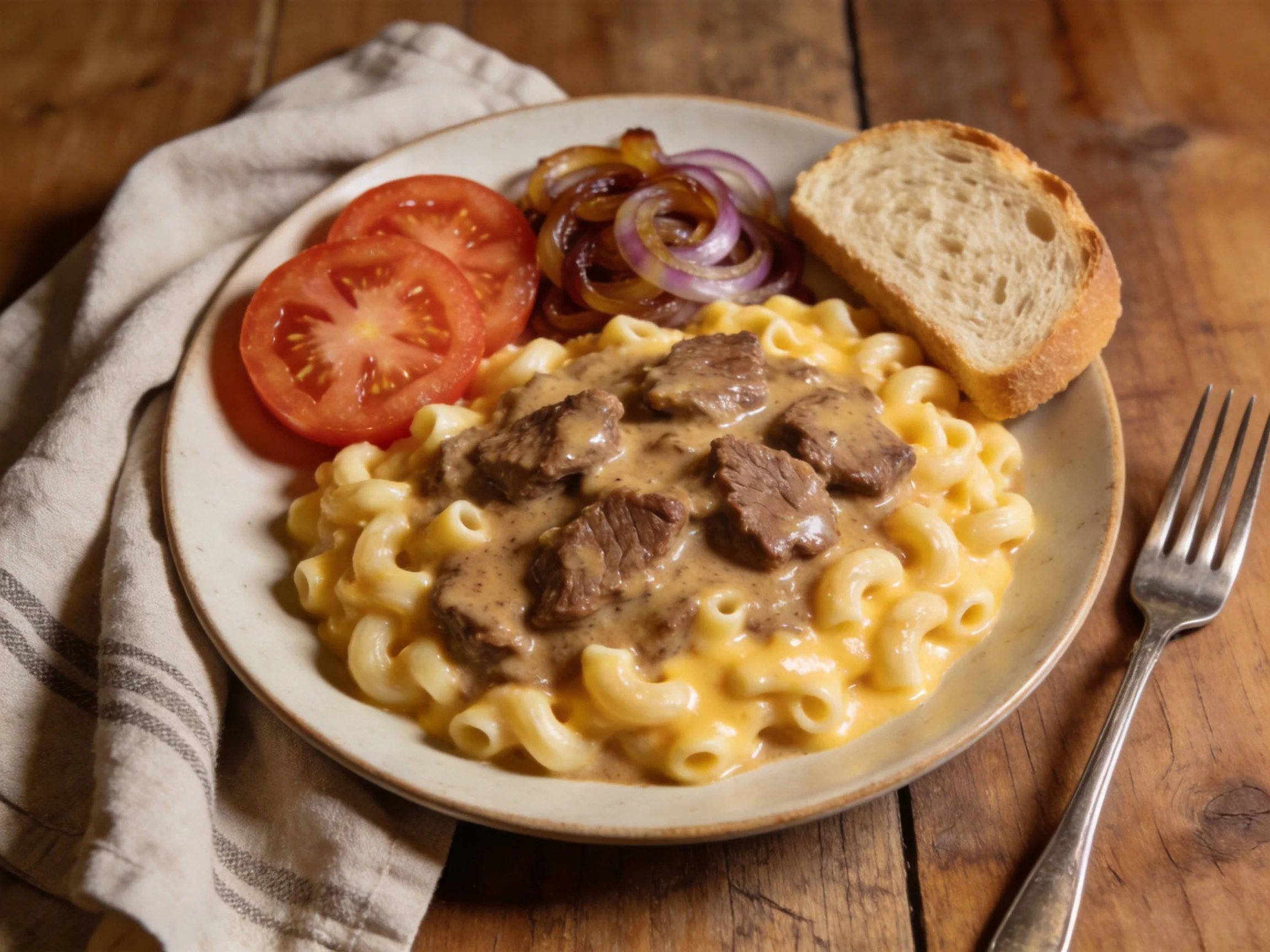 Hearty mac n cheese with beef, veggies, and bread on rustic wood
