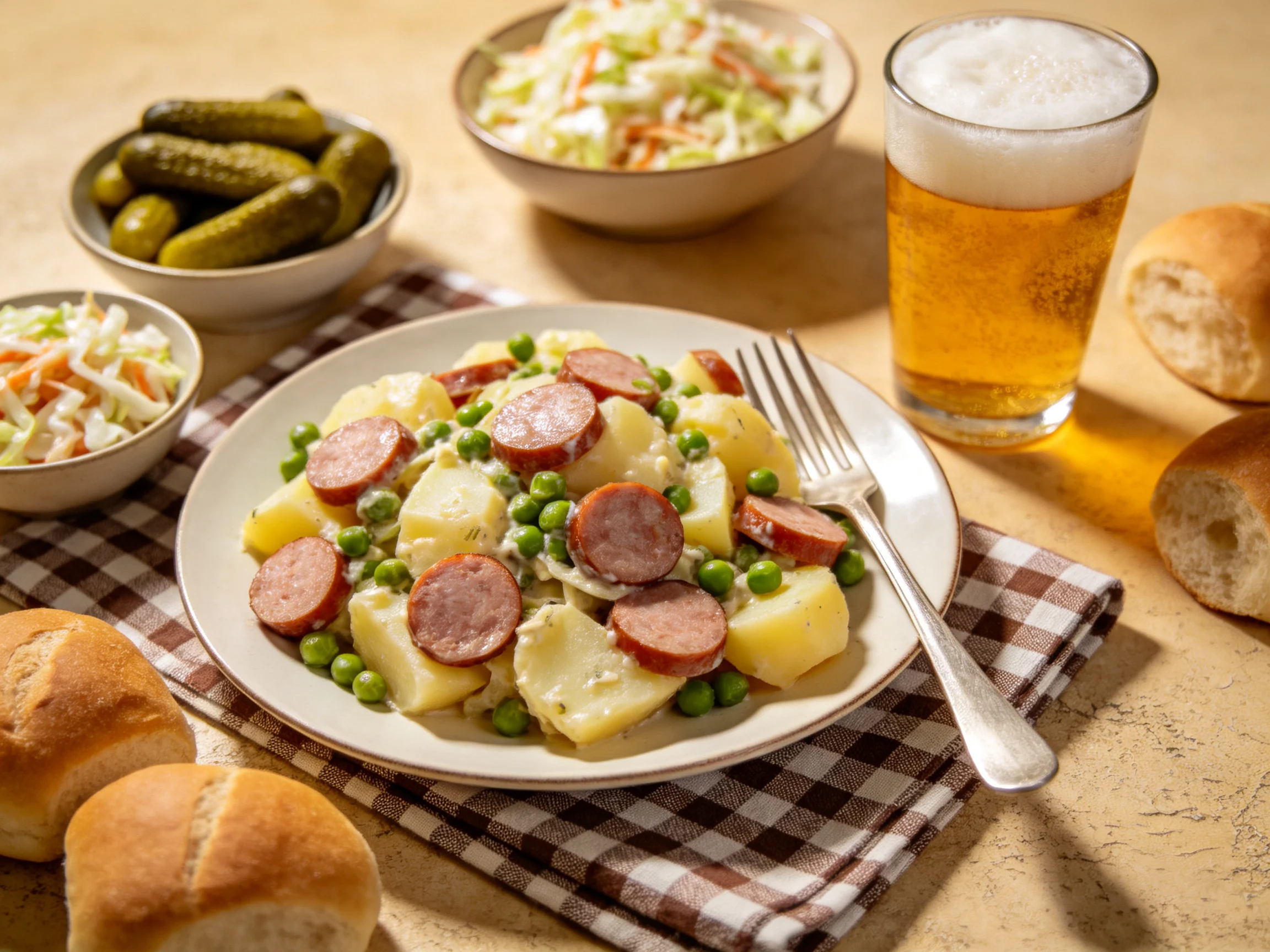 Hearty meal with potato salad, sausage, coleslaw, pickles, and beer