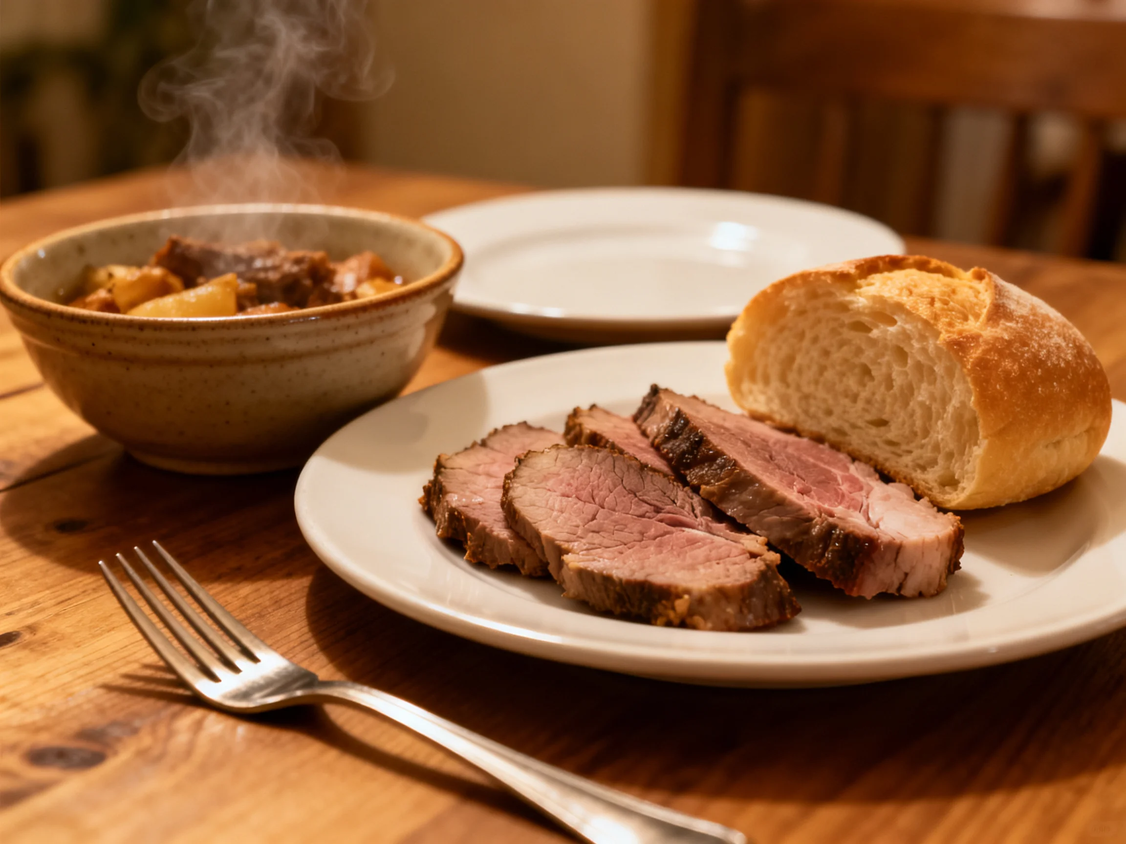 Hearty meal with sliced roast beef, crusty bread, and steaming stew