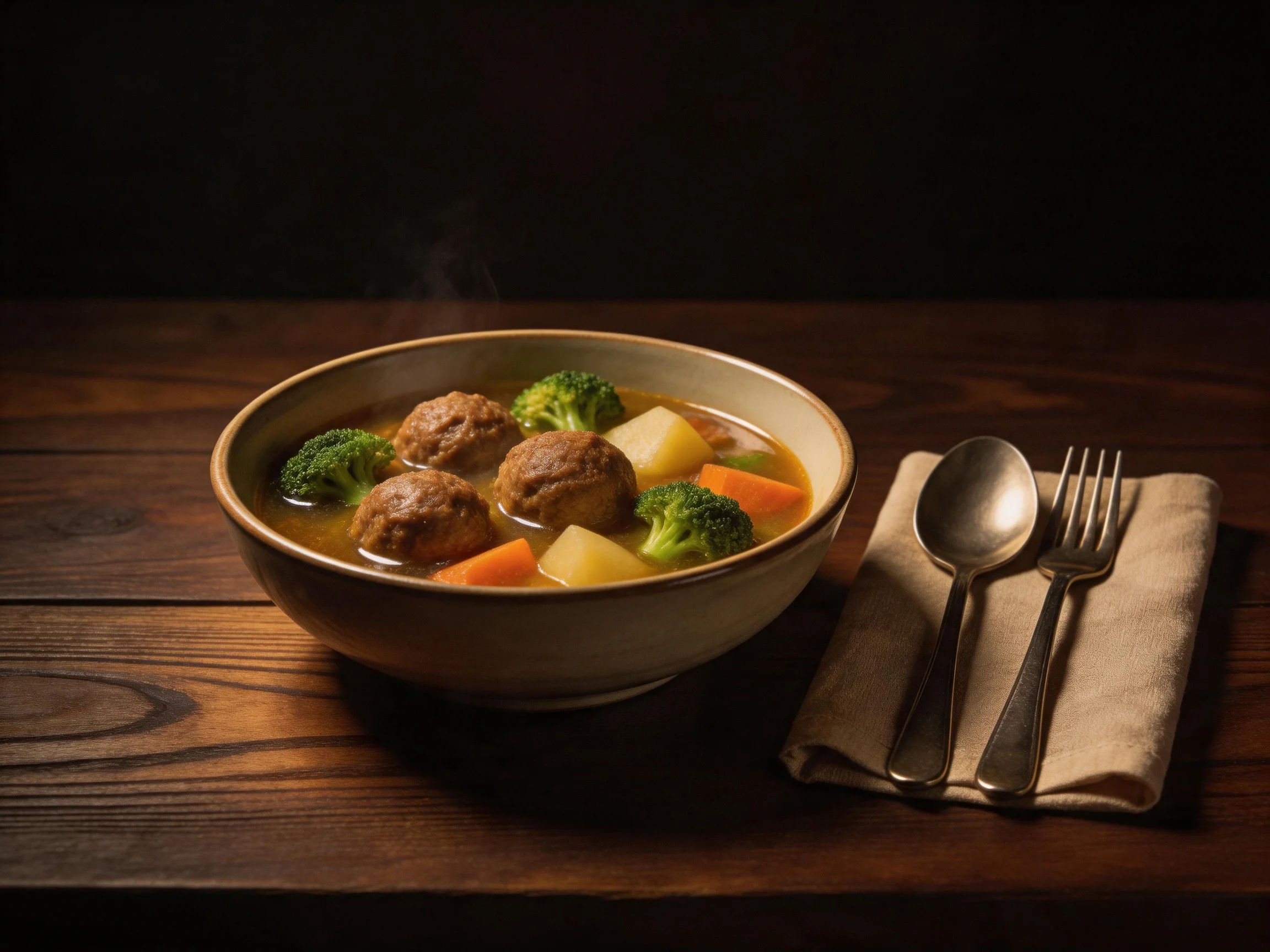 Hearty meatball vegetable stew in a ceramic bowl