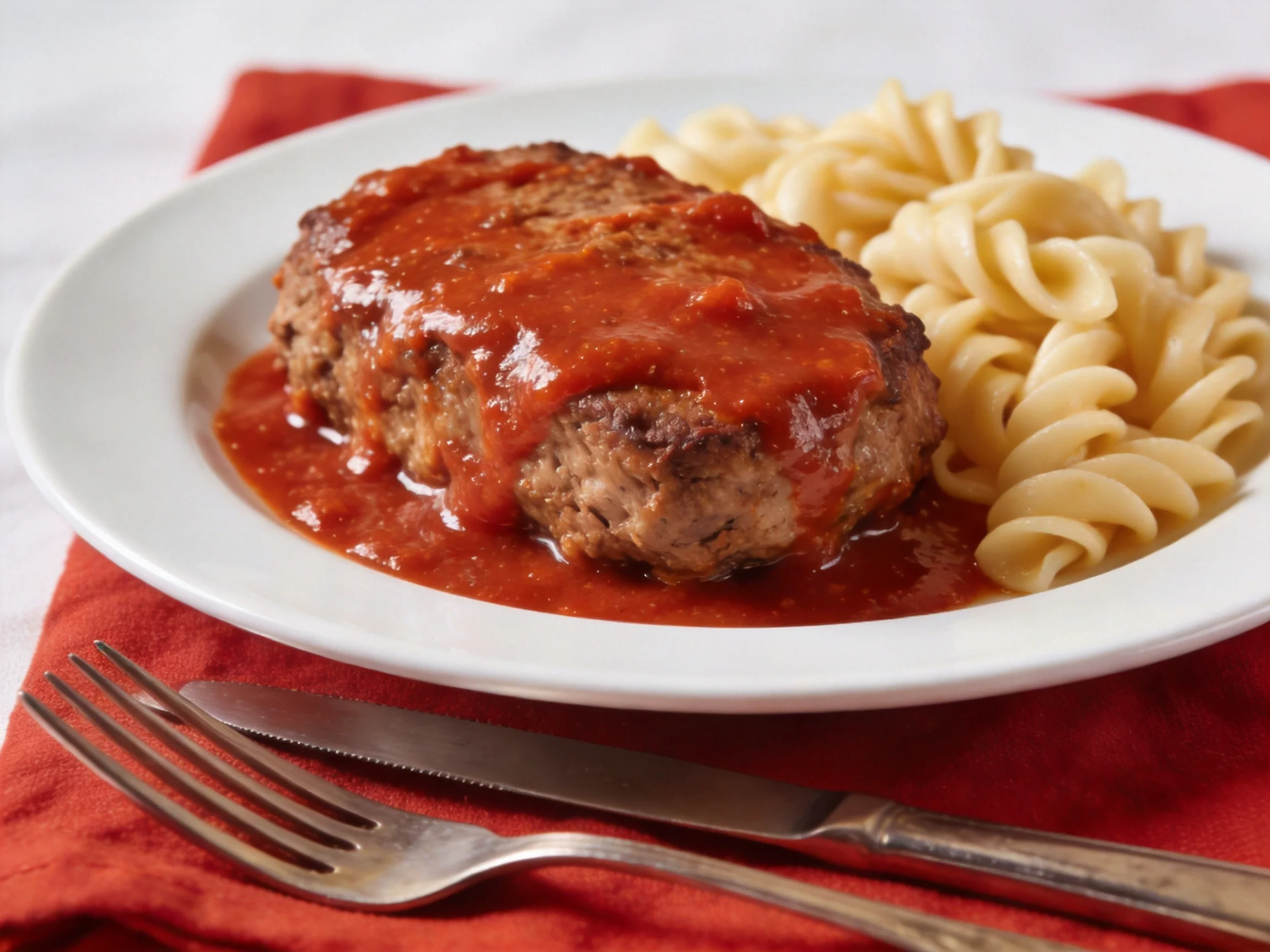 Hearty meatloaf with tomato sauce and curly pasta on a white plate