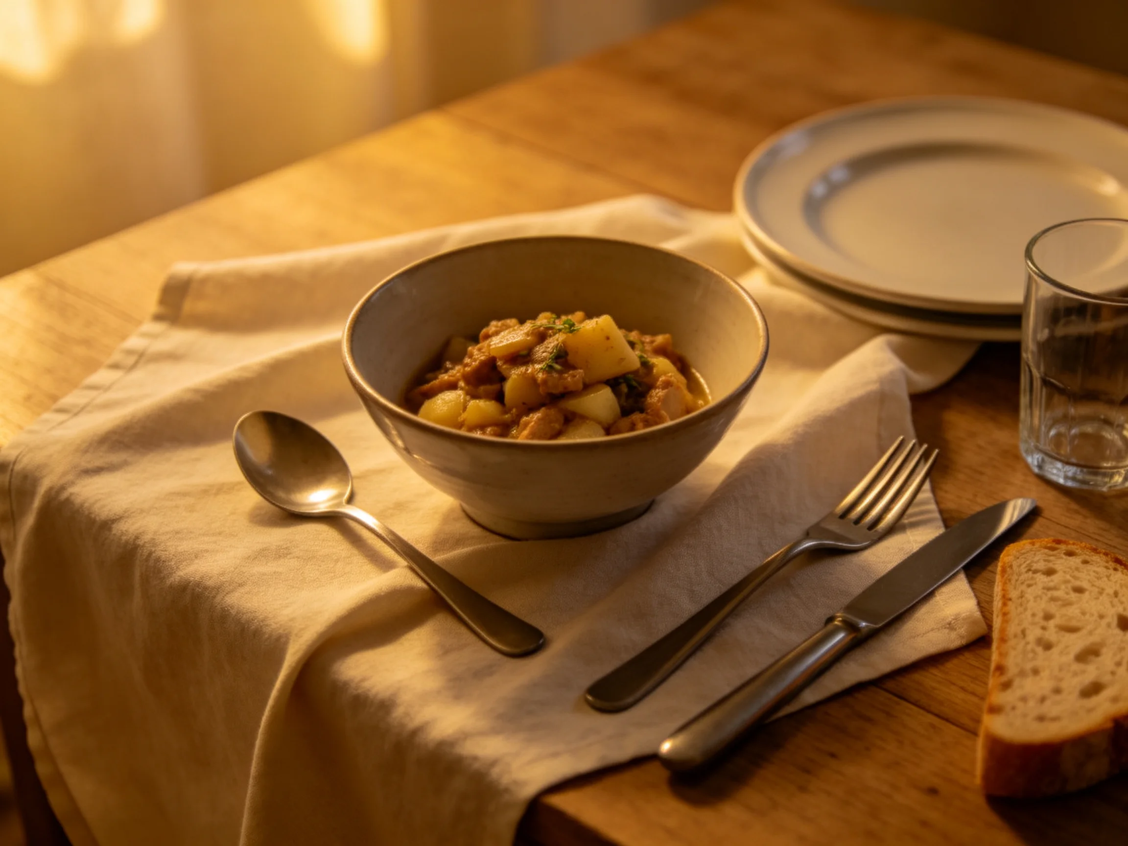 Hearty potato stew in a bowl with utensils on a wooden table