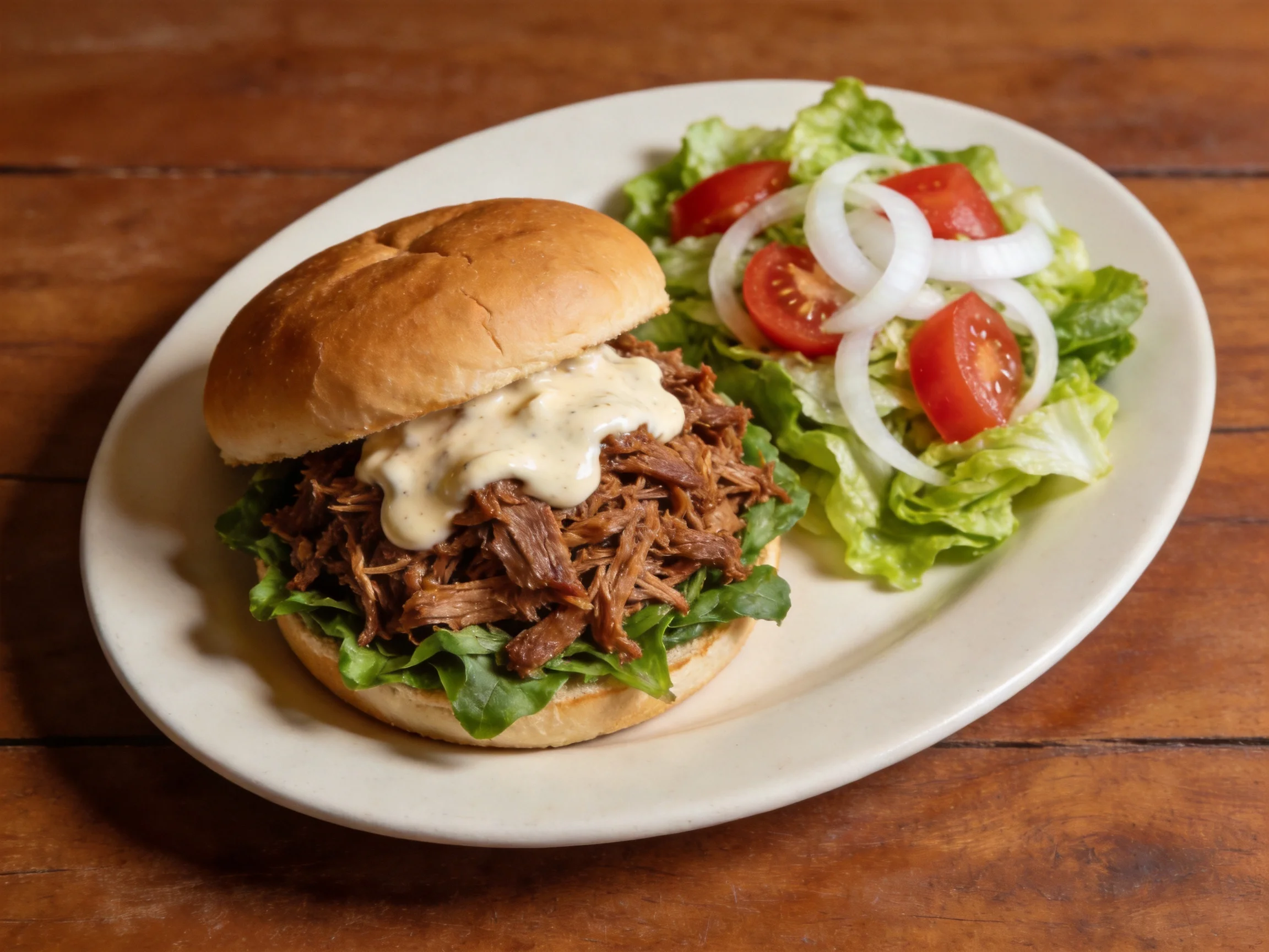 Hearty pulled pork sandwich with creamy sauce and fresh salad
