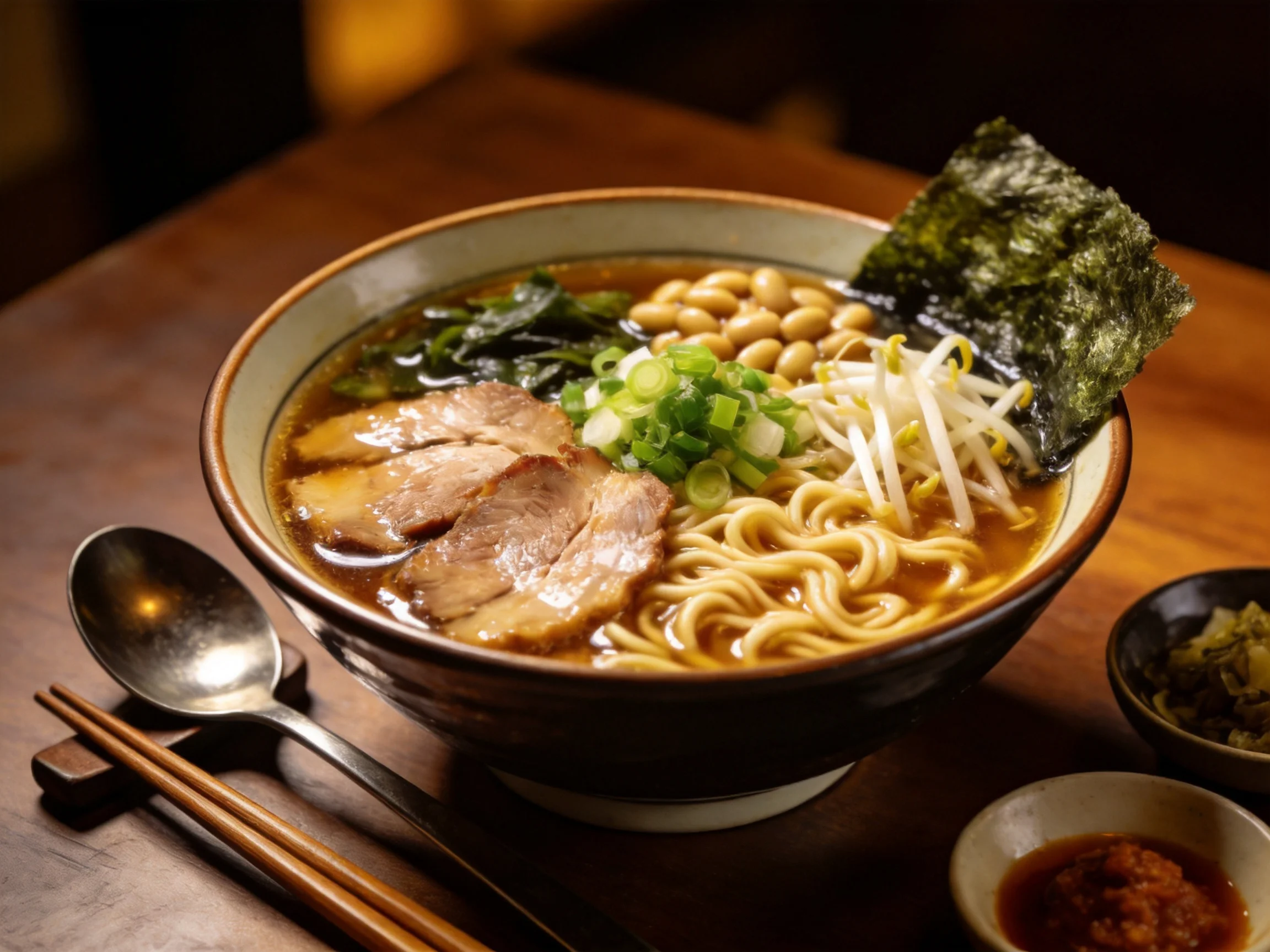 Hearty ramen bowl with noodles, pork, and seaweed