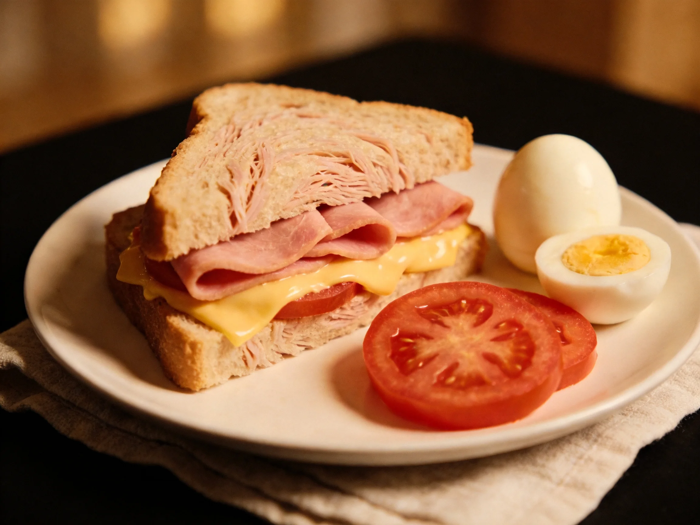 Hearty sandwich with turkey, ham, cheese, tomato, and hard-boiled eggs