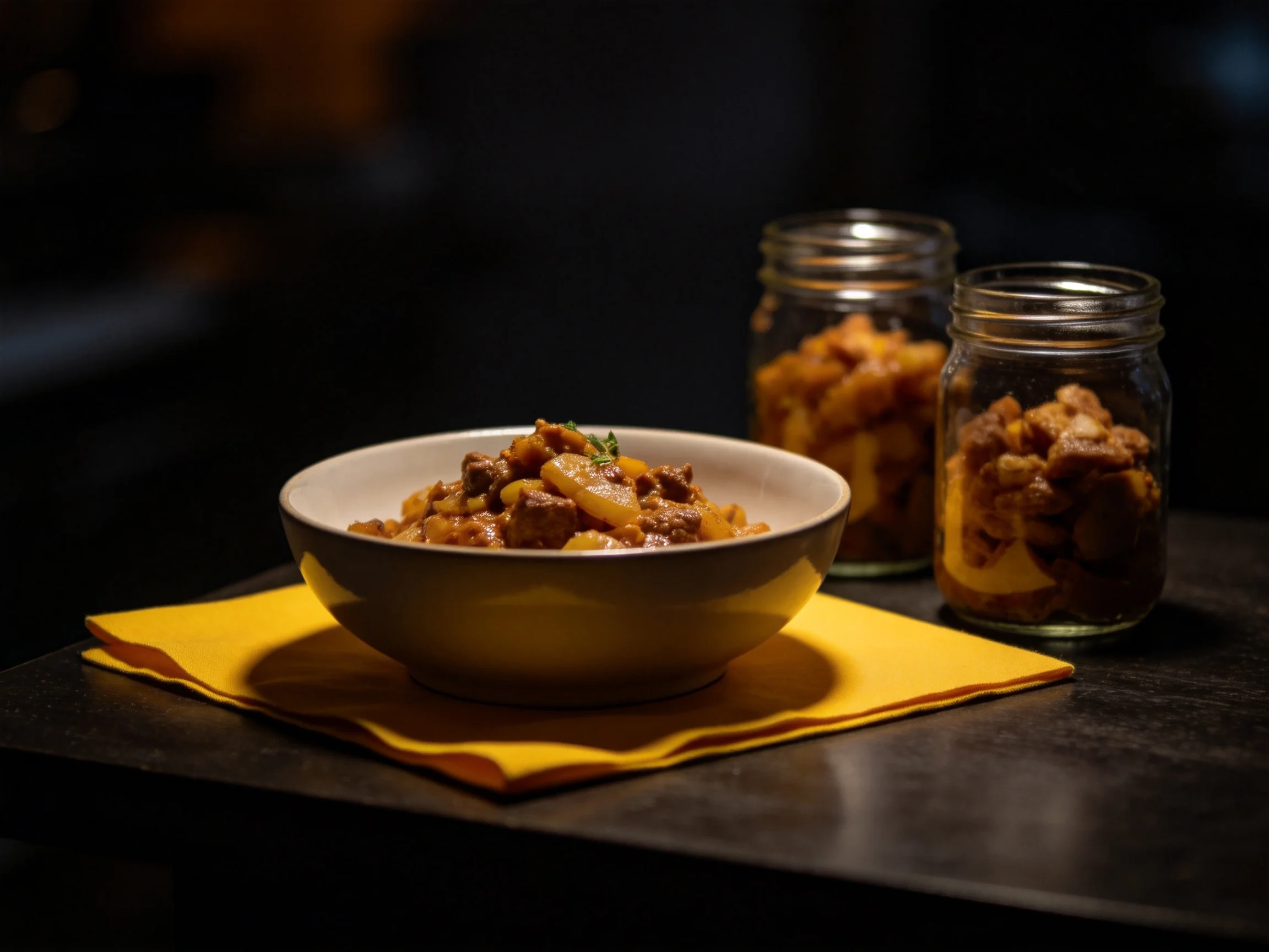 Hearty stew in a bowl with two jars of preserved food