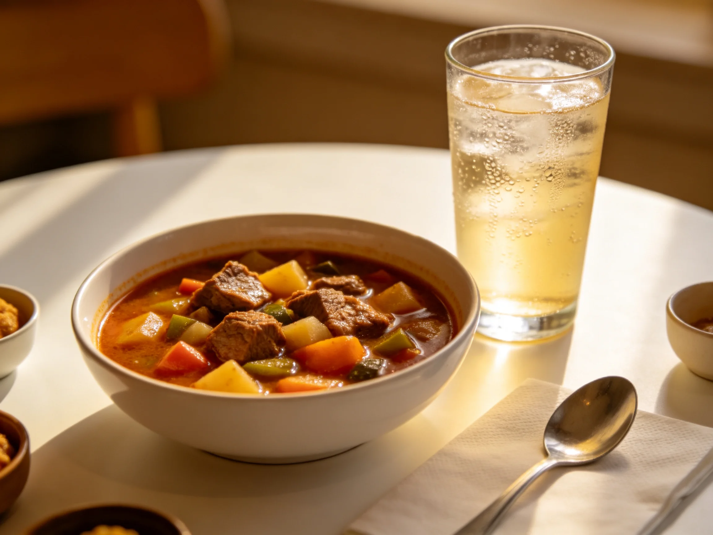 Hearty vegetable and beef stew served with a tall glass of iced beverage