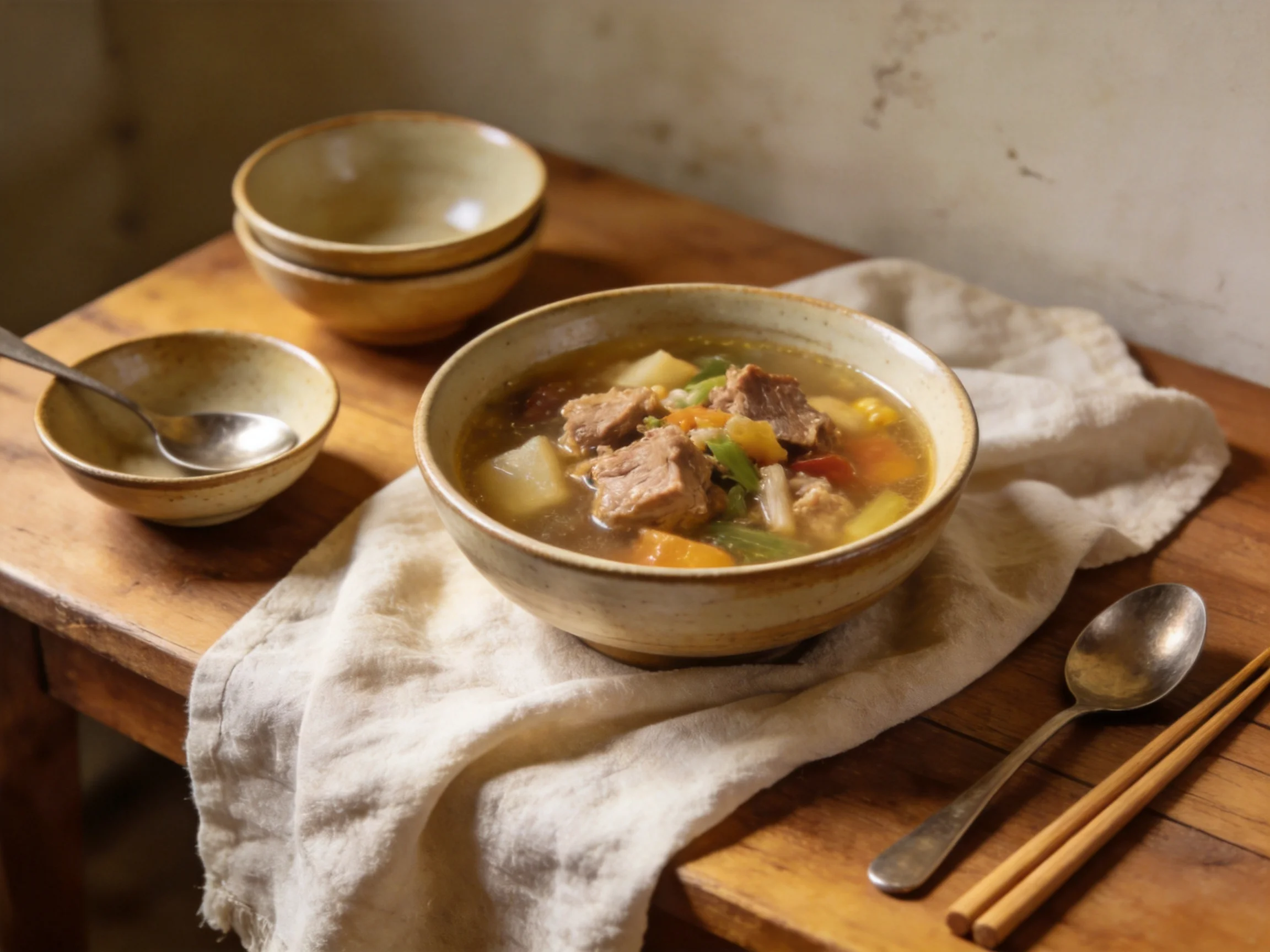 Hearty vegetable and meat stew in a ceramic bowl on a rustic wooden table