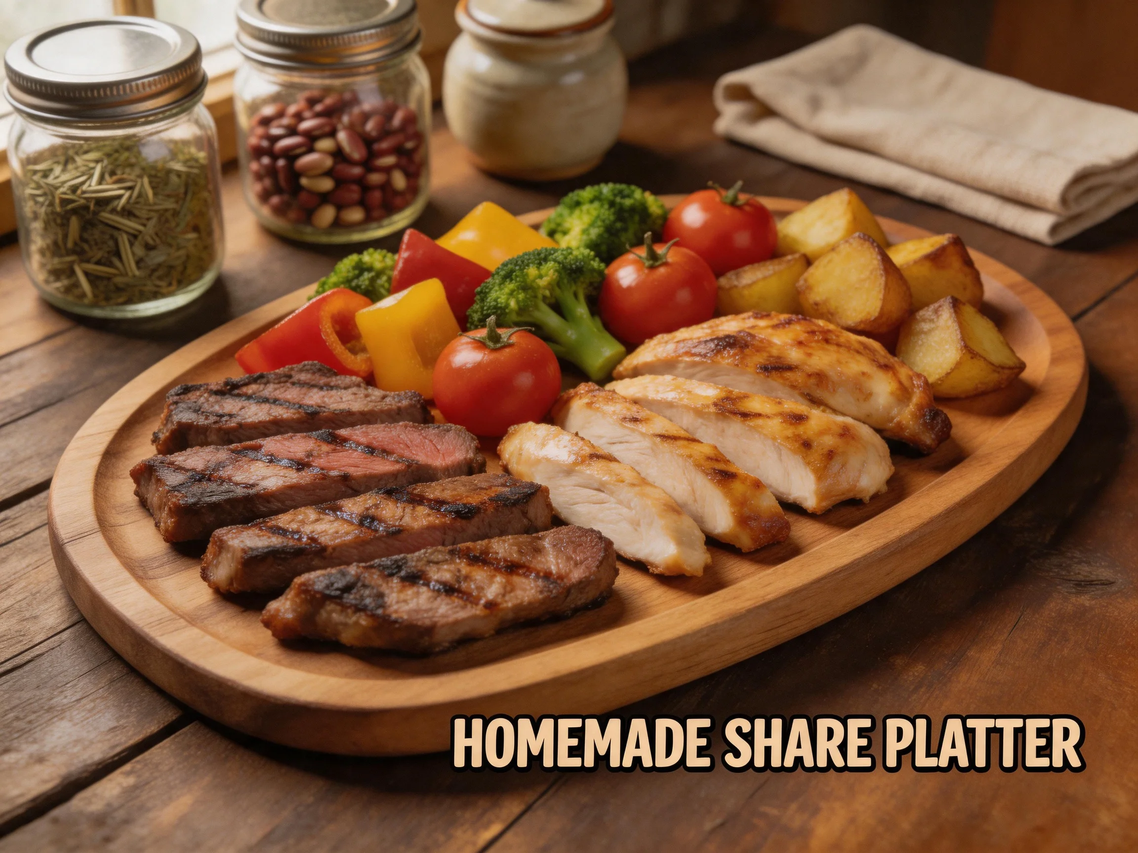 Homemade Share Platter with Grilled Steak, Chicken, and Roasted Vegetables