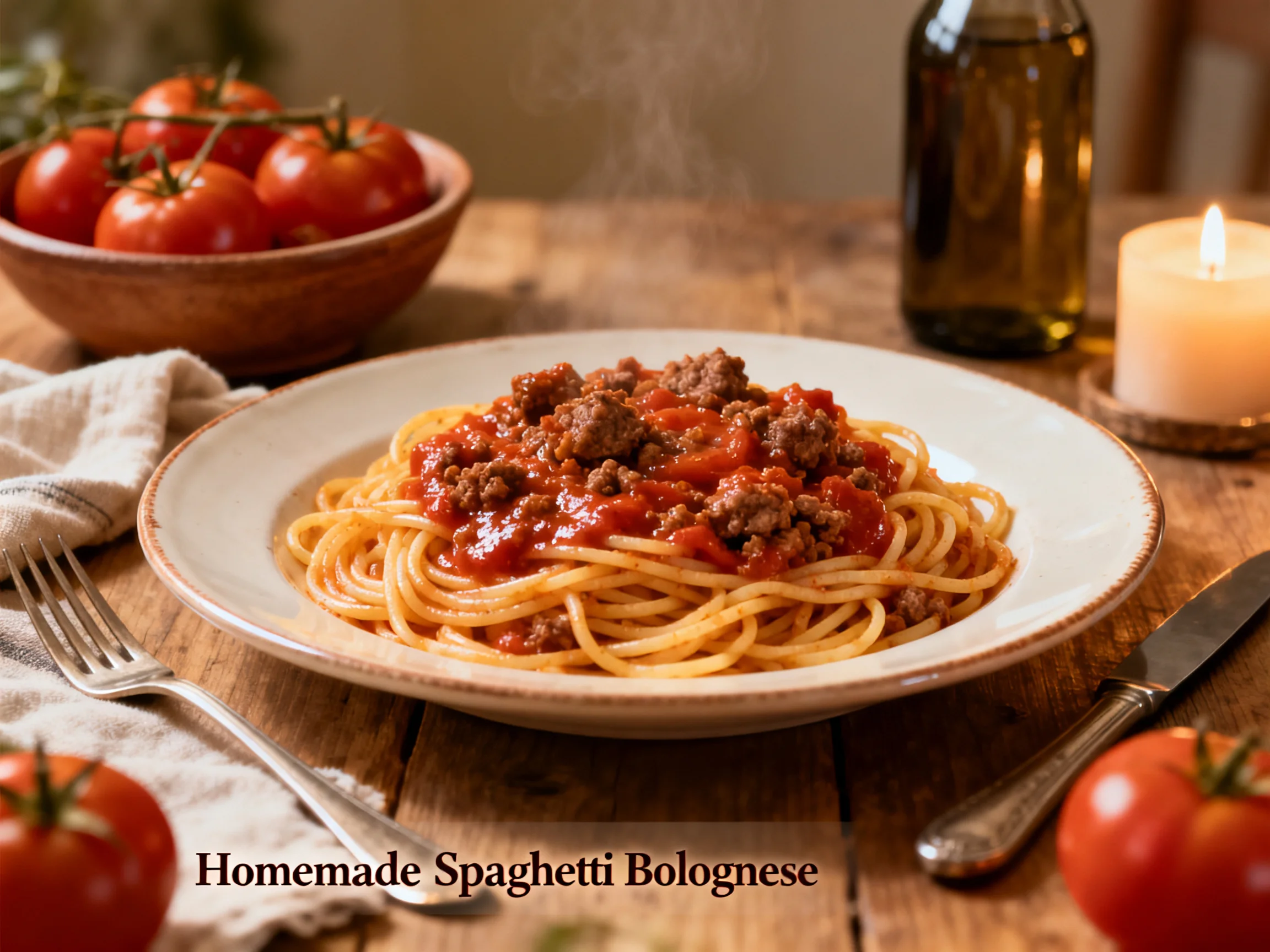 A plate of homemade spaghetti bolognese is shown on a wooden table with fresh tomatoes.