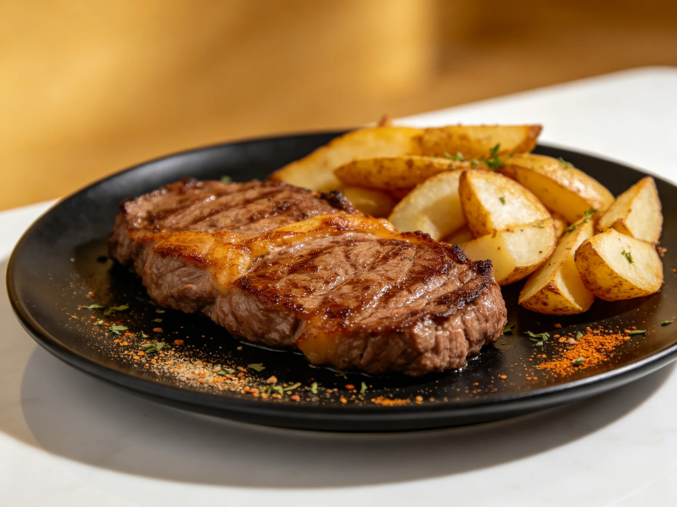 Juicy grilled steak and seasoned potato wedges on a black plate