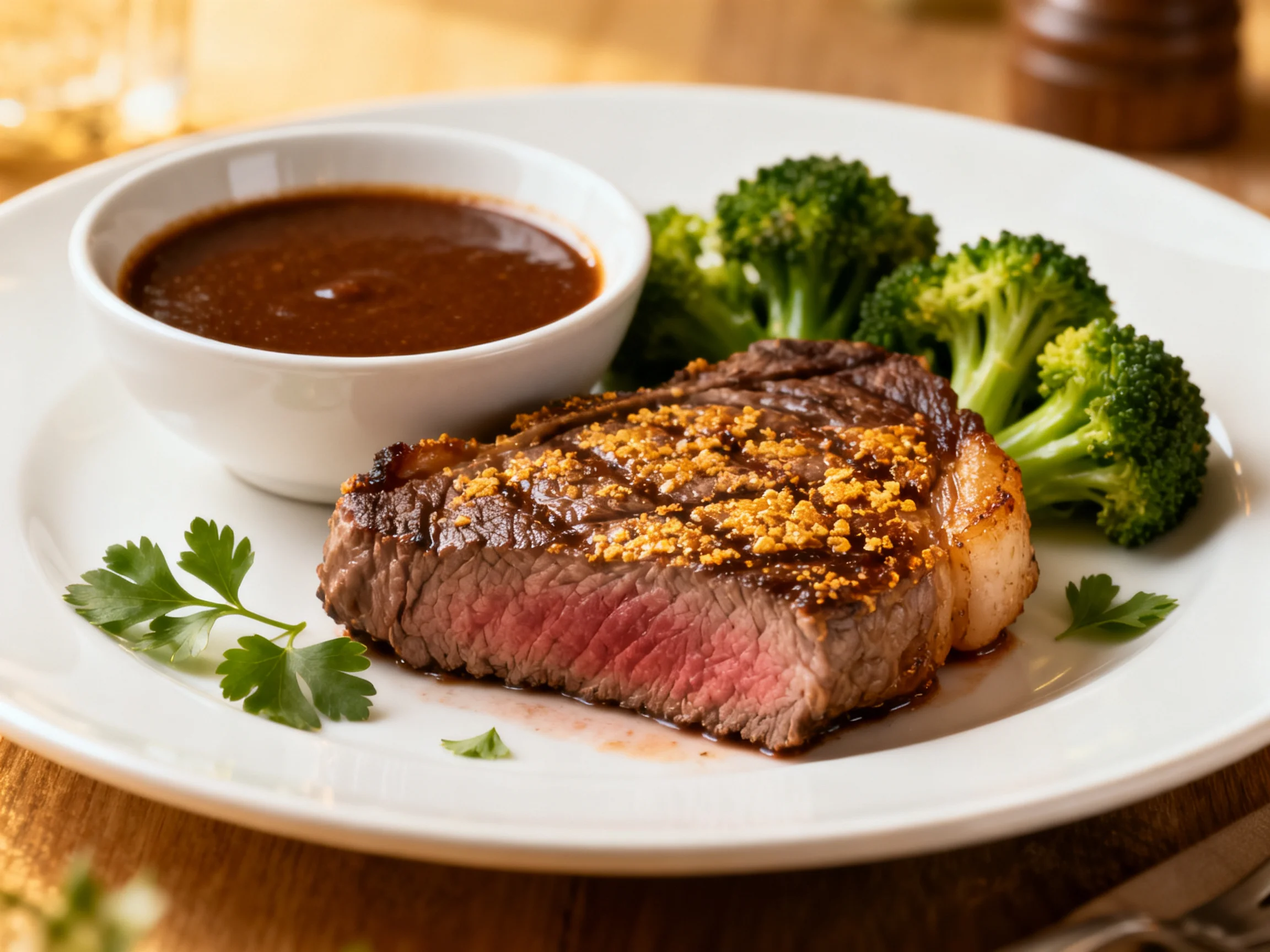 Juicy grilled steak, broccoli, and sauce on a white plate