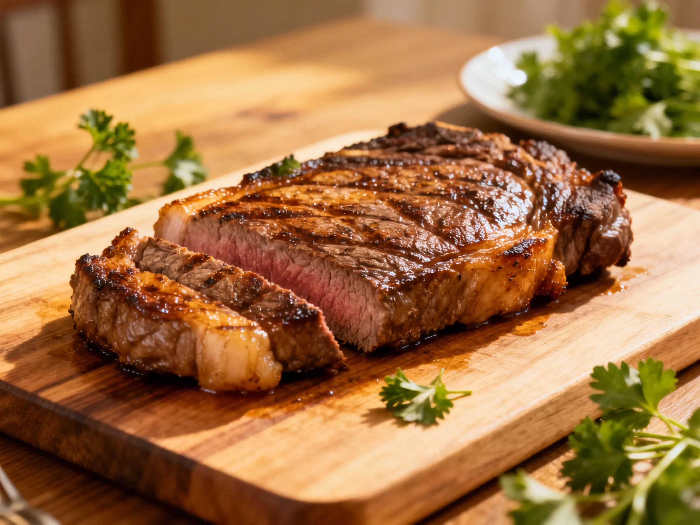 Juicy grilled steak sliced on a wooden cutting board