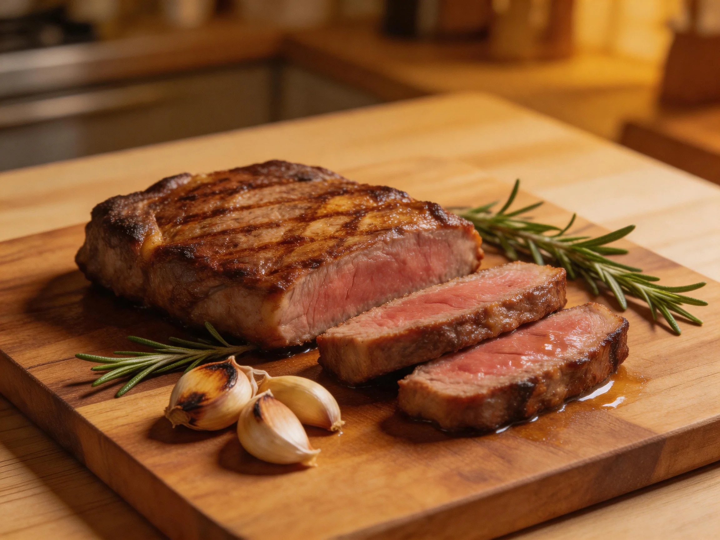 Juicy grilled steak sliced with rosemary and roasted garlic on wooden cutting board