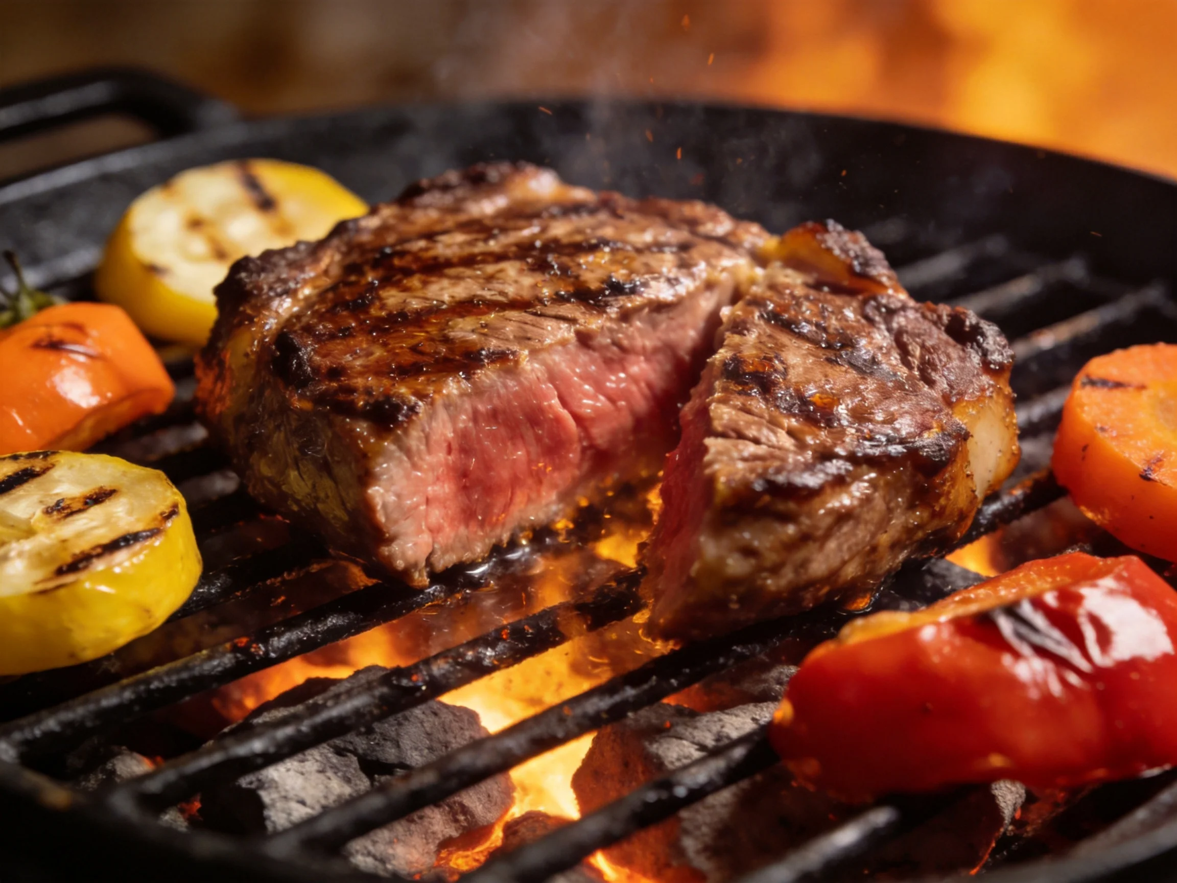 Juicy grilled steak with colorful vegetables on a hot grill