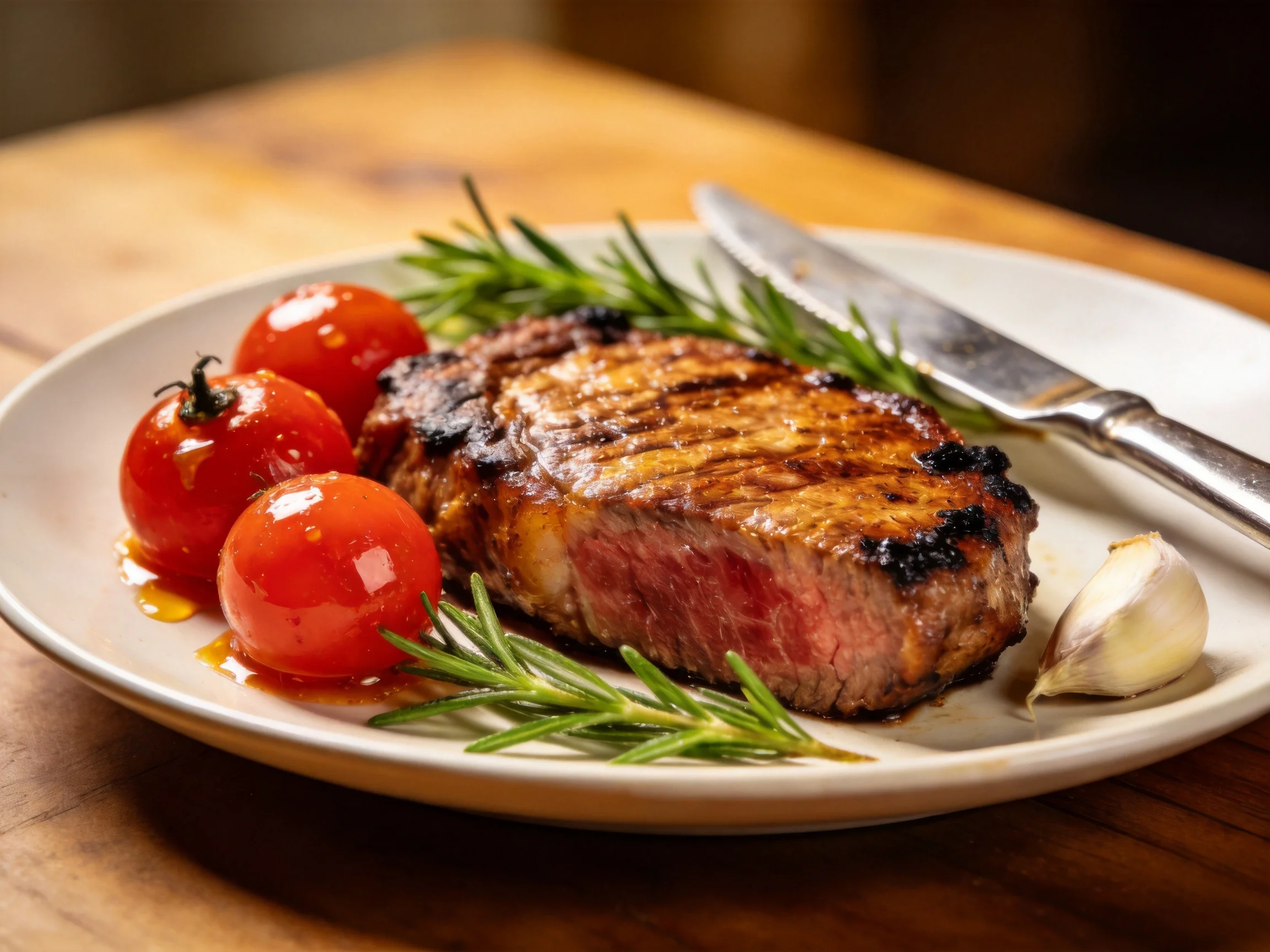 Juicy grilled steak with roasted cherry tomatoes and fresh herbs