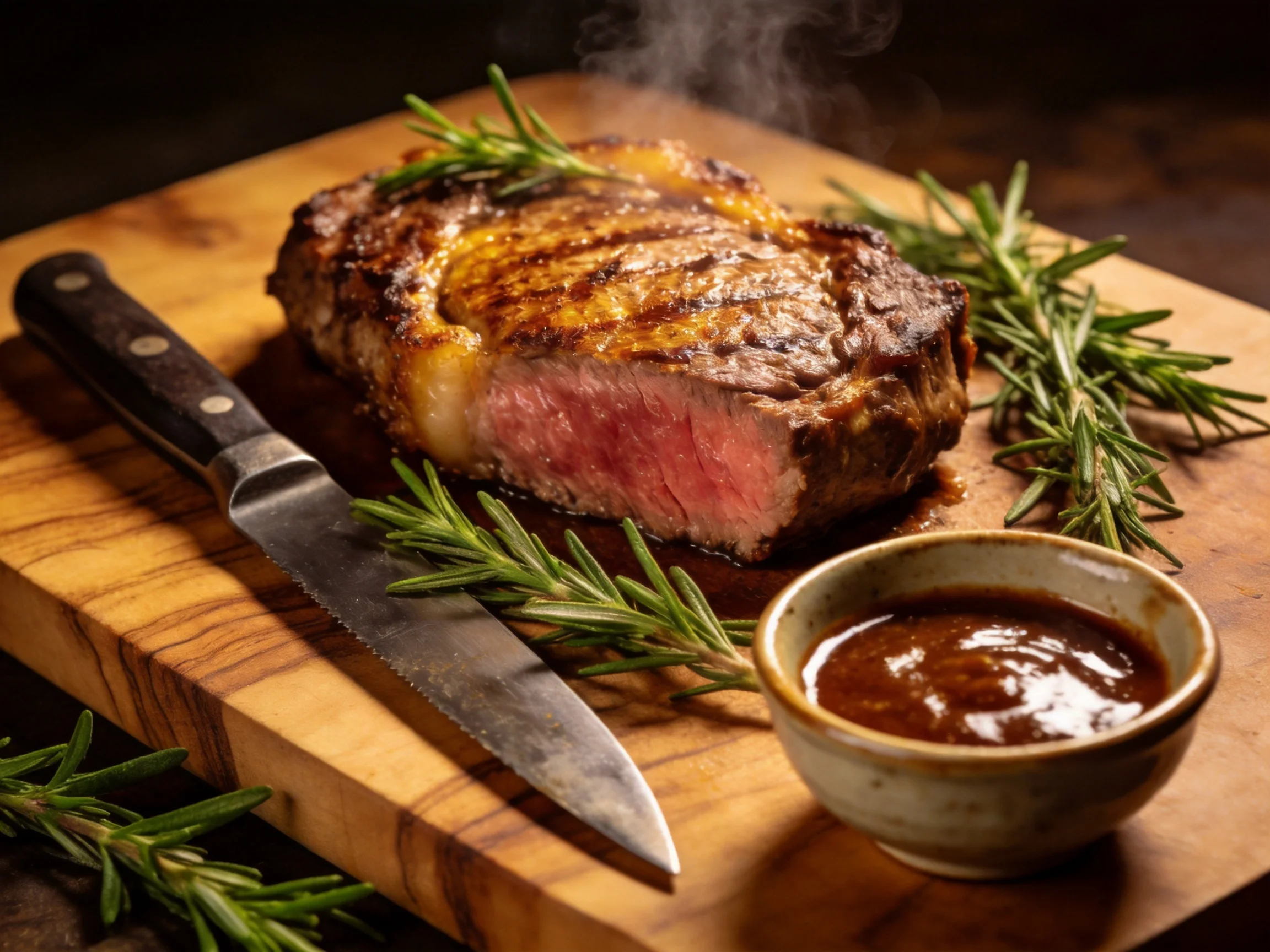 Juicy grilled steak with rosemary, knife, and sauce on wooden board