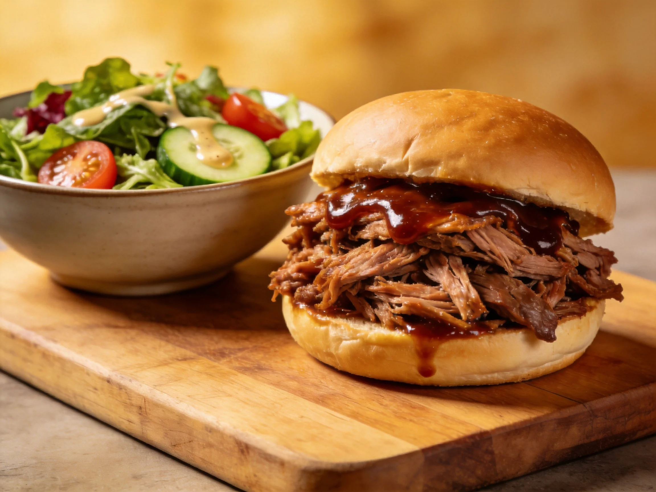 Juicy pulled pork sandwich alongside mixed greens salad