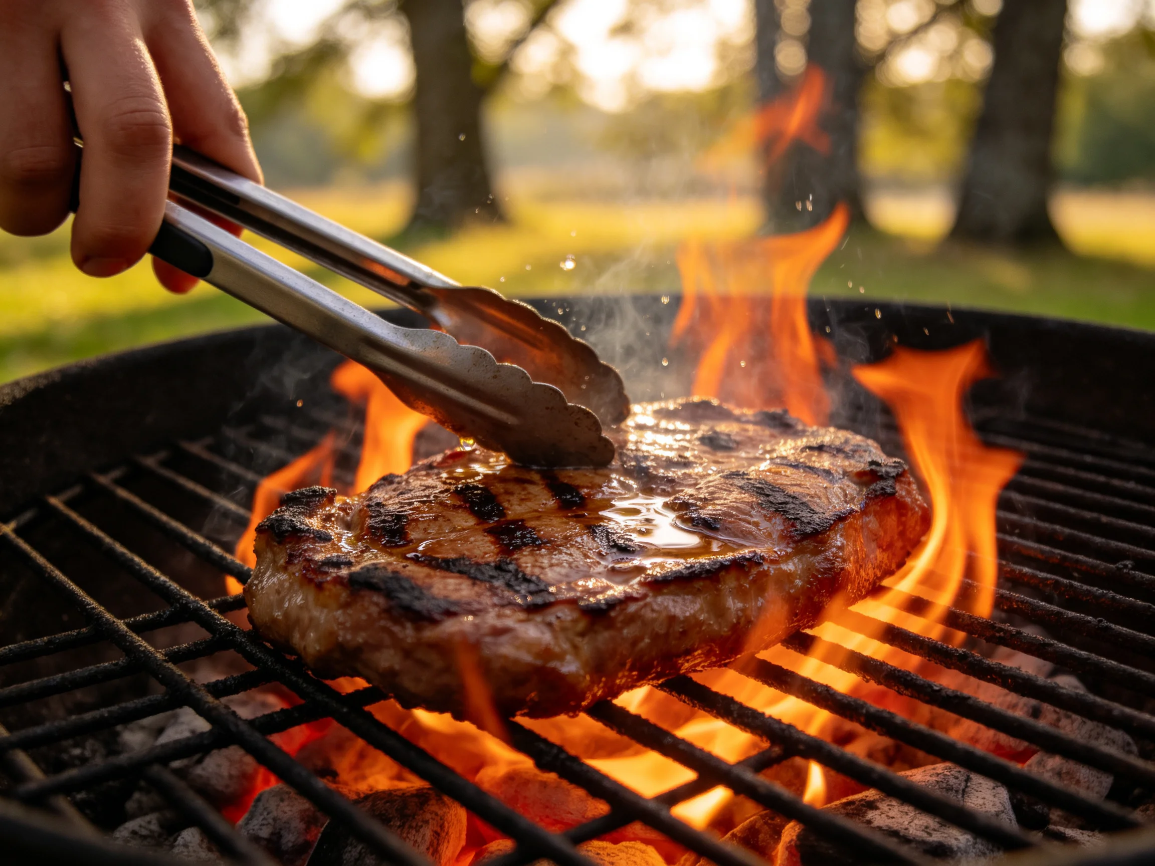 Juicy steak grilling over vibrant orange flames on a charcoal barbecue