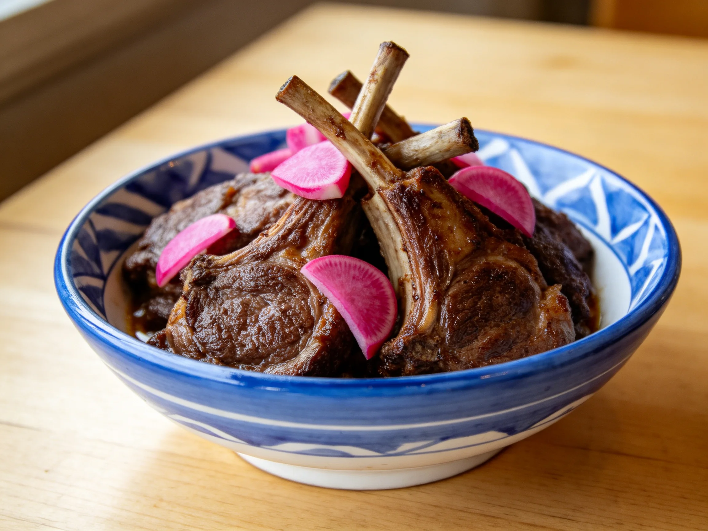 Lamb chops with pickled radish slices in a blue -patterned bowl