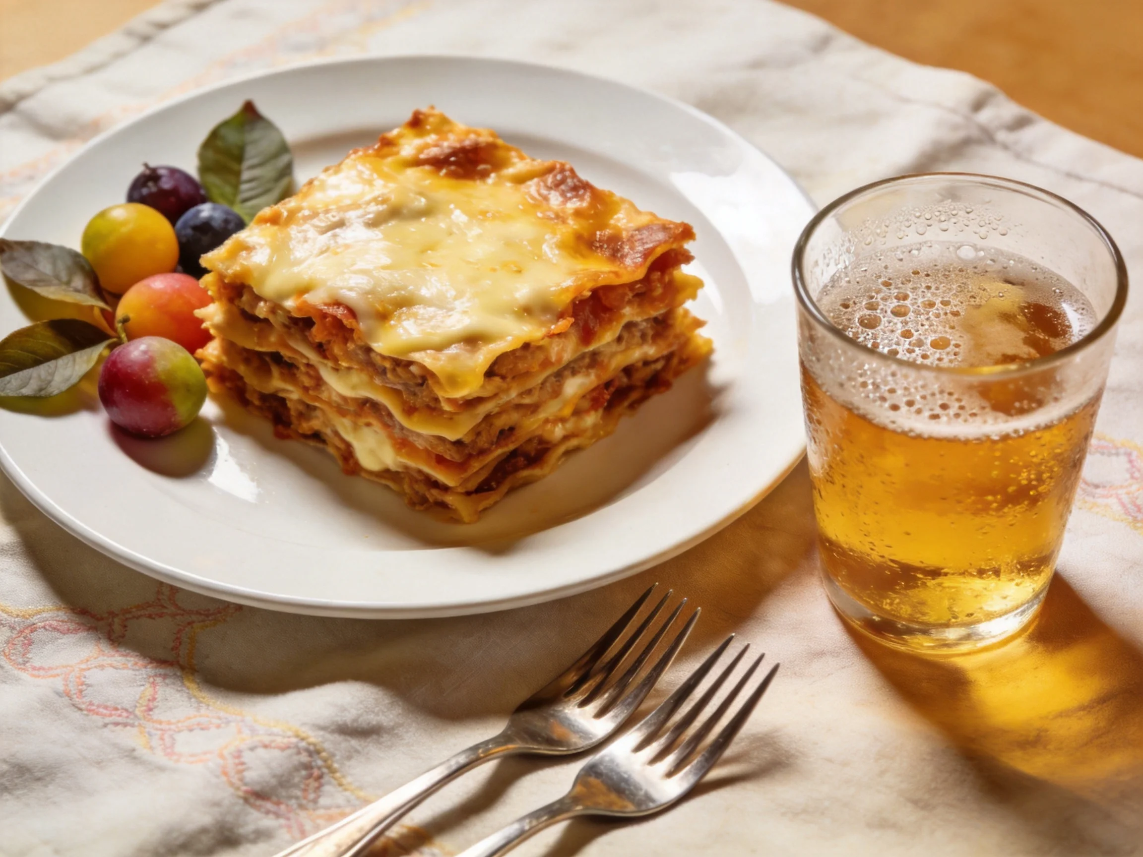 Layered lasagna with colorful fruits and a glass of beer
