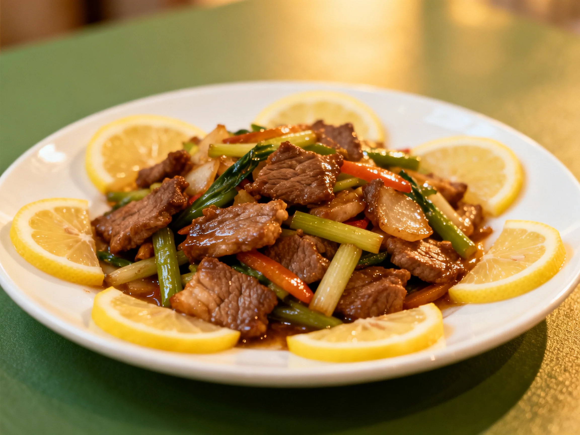 Lemon-Garnished Beef Stir-Fry with Mixed Vegetables