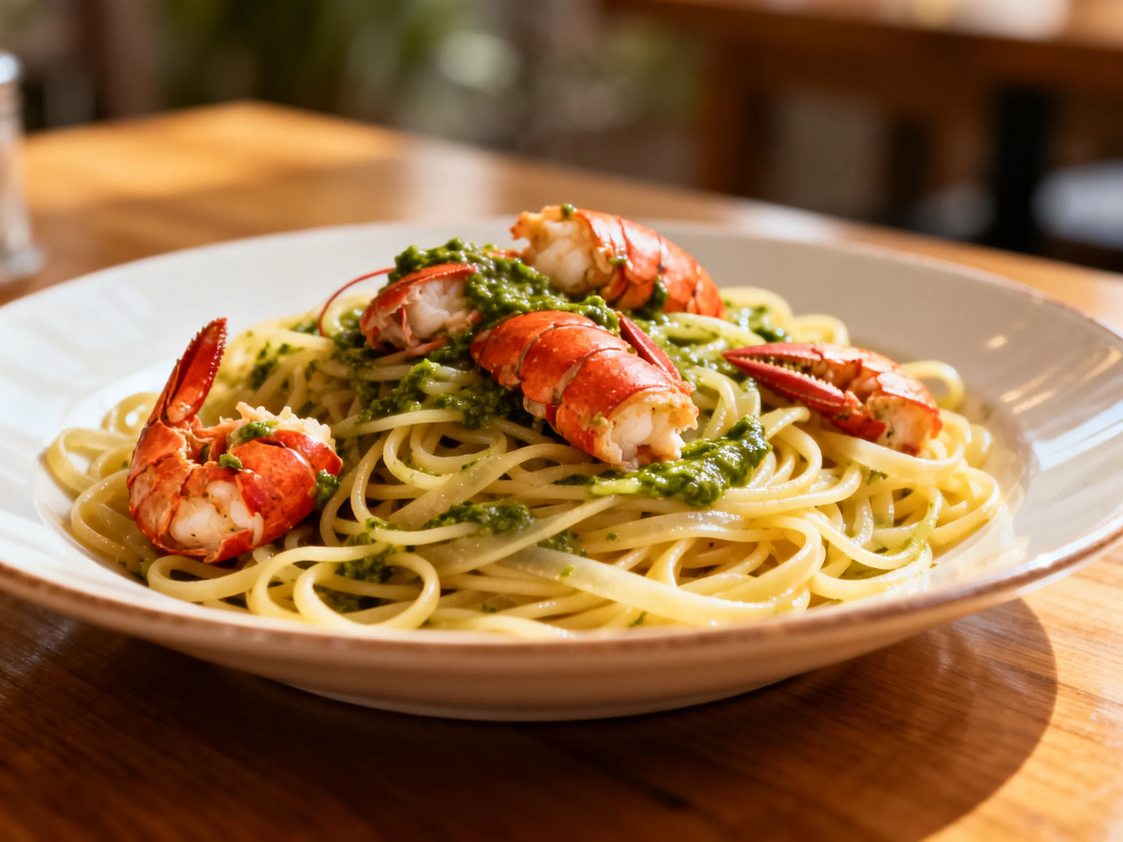 Lobster tail pasta with green pesto sauce in a white bowl