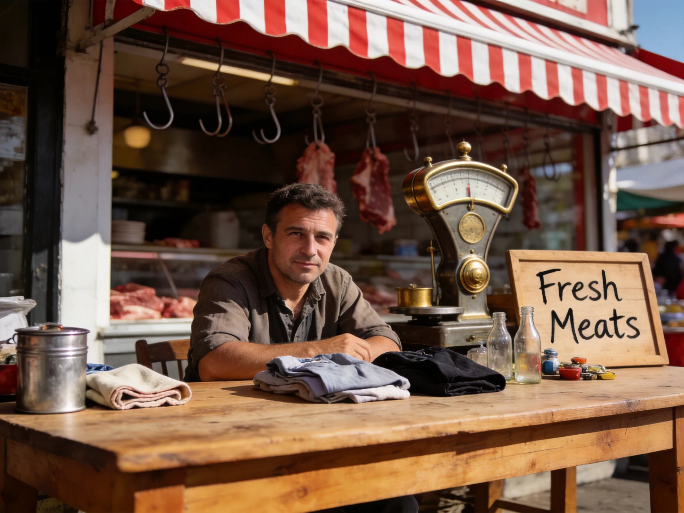 Man at wooden table outside butcher shop with hanging meats and Fresh Meats sign