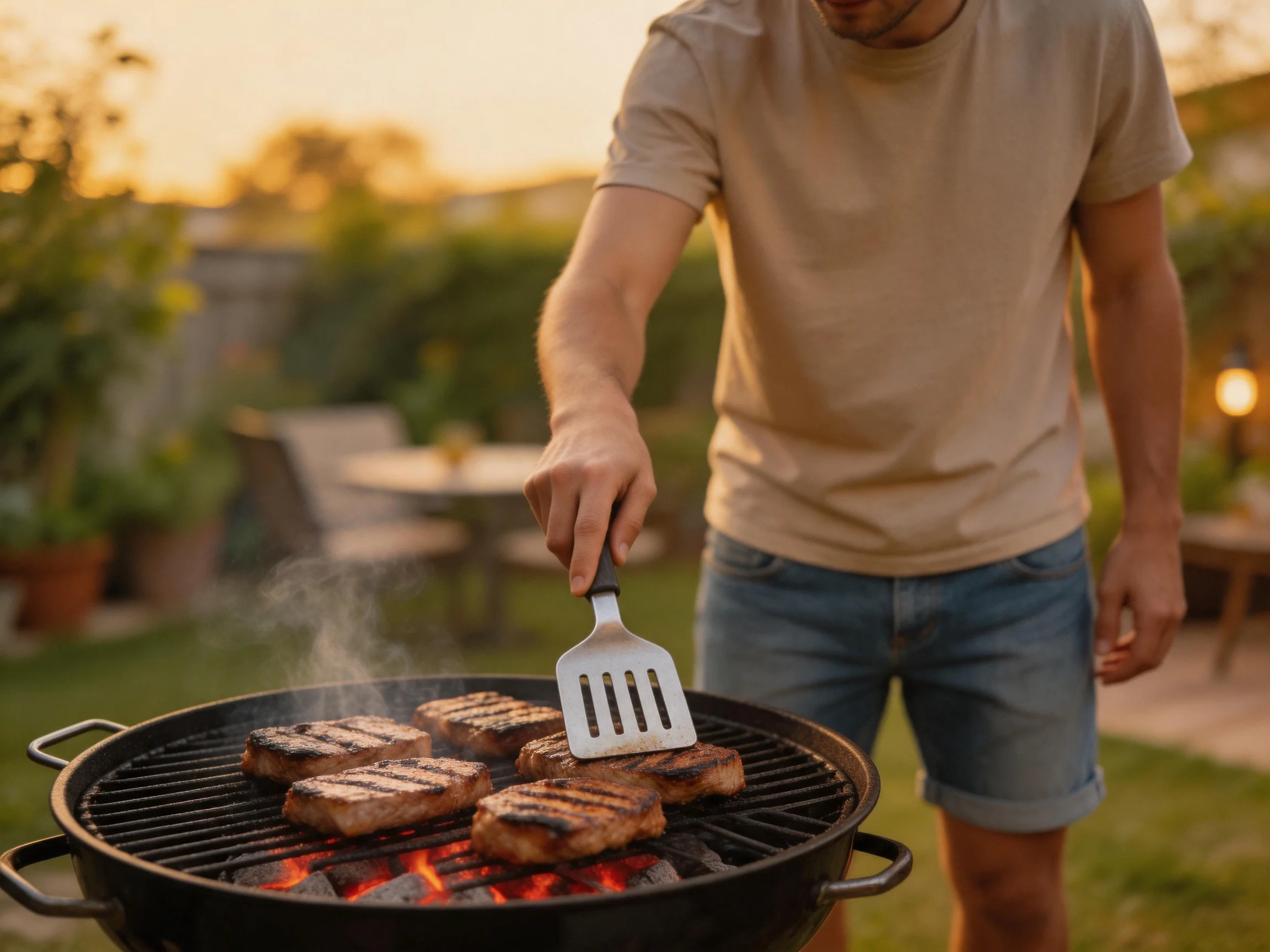 Man grilling juicy steaks on a black charcoal grill during golden hour