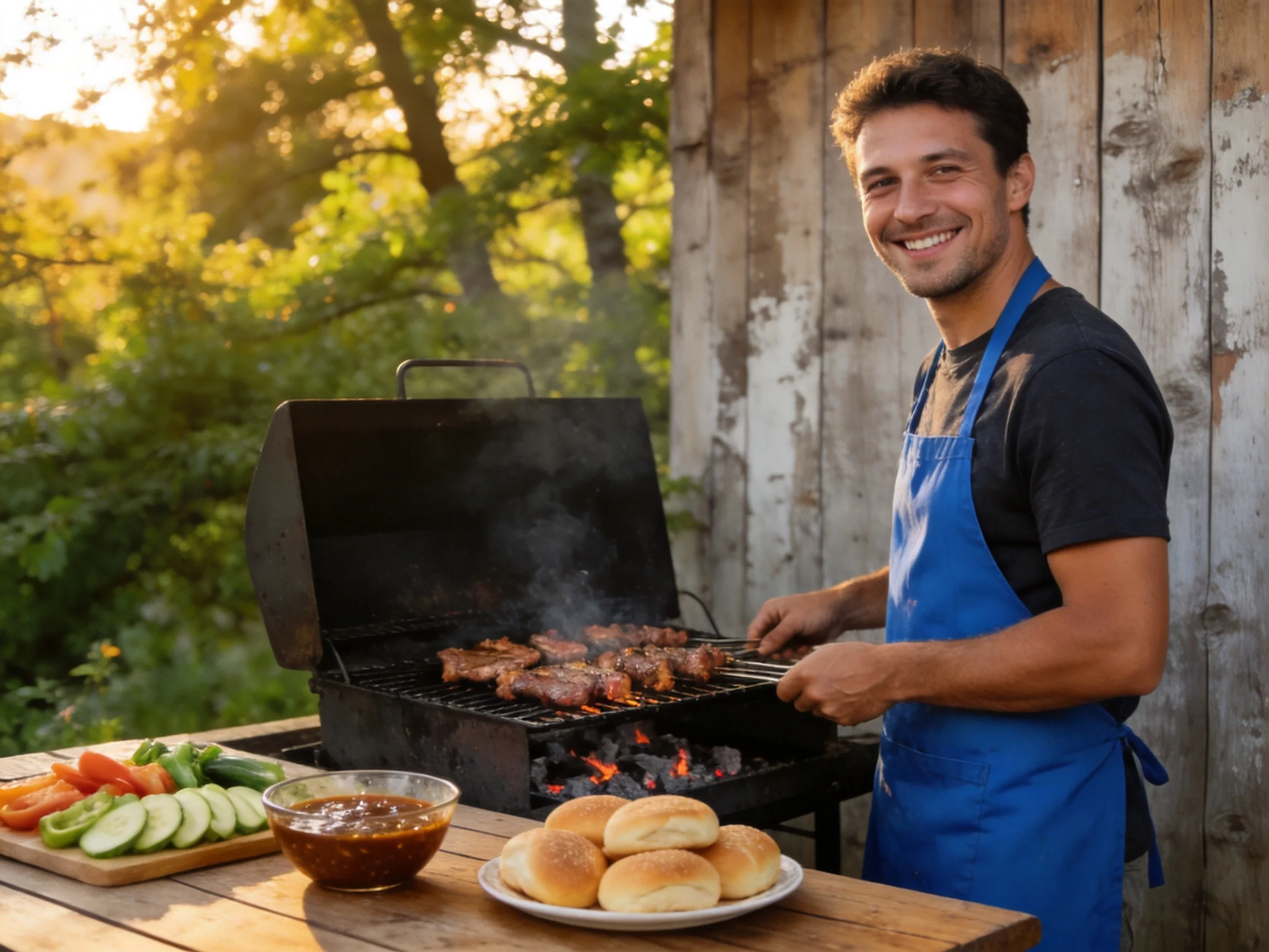 Man grilling meat outdoors near a rustic wooden shed with fresh ingredients