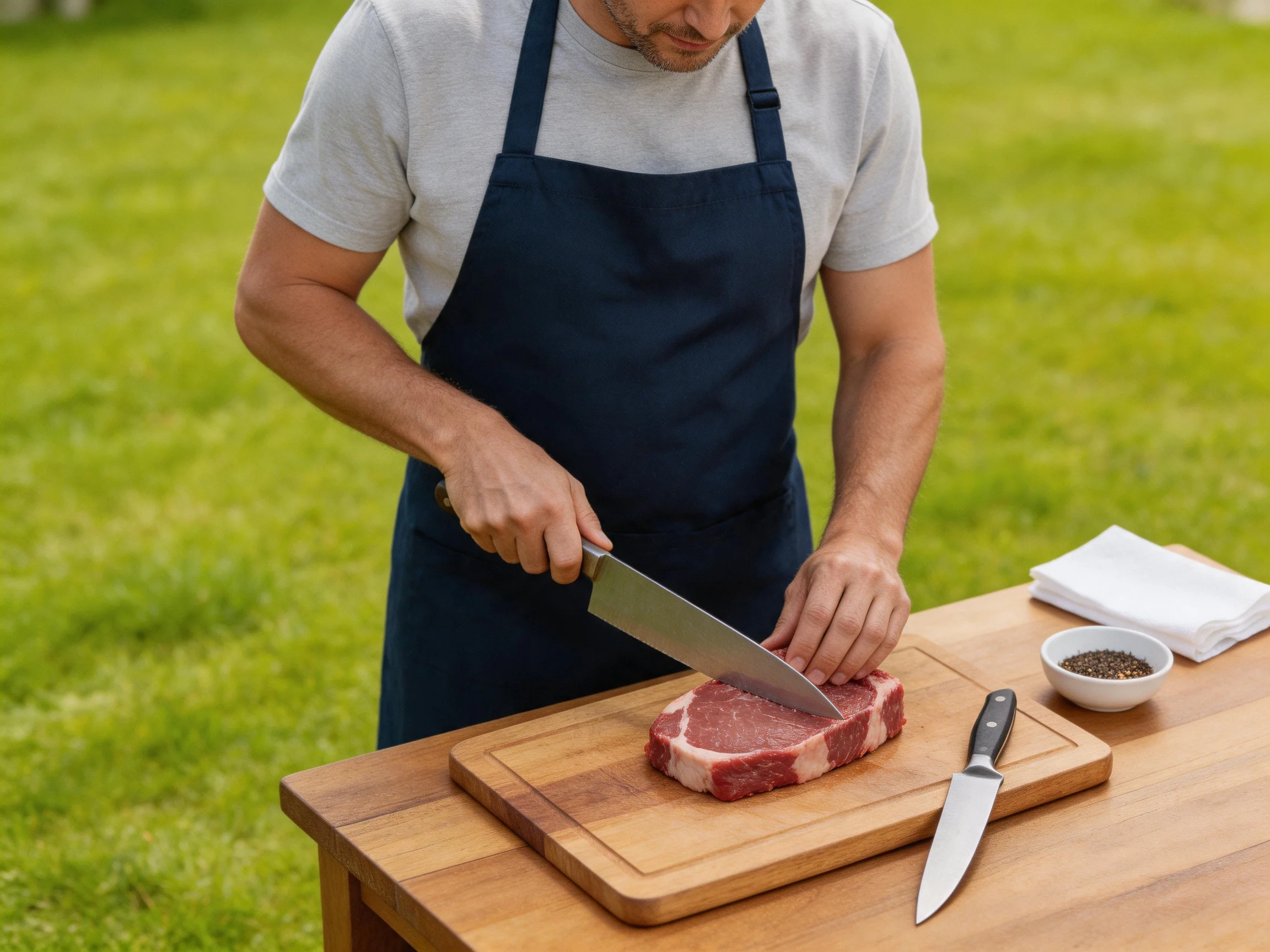 Man in dark blue apron slicing raw meat on outdoor wooden table