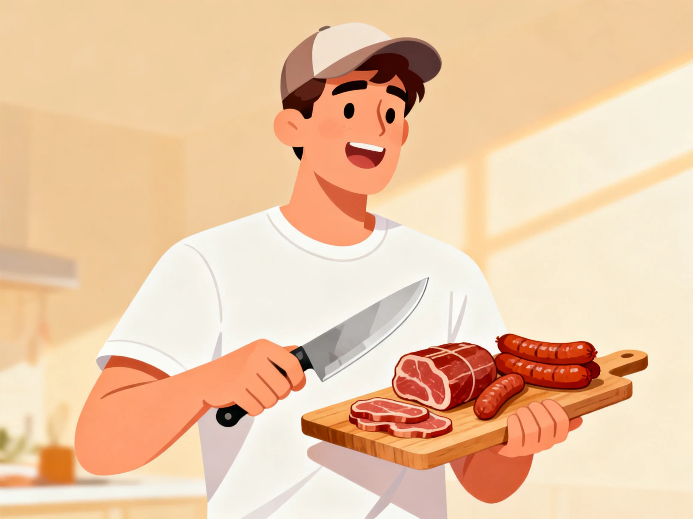 Man slicing assorted meats on wooden cutting board