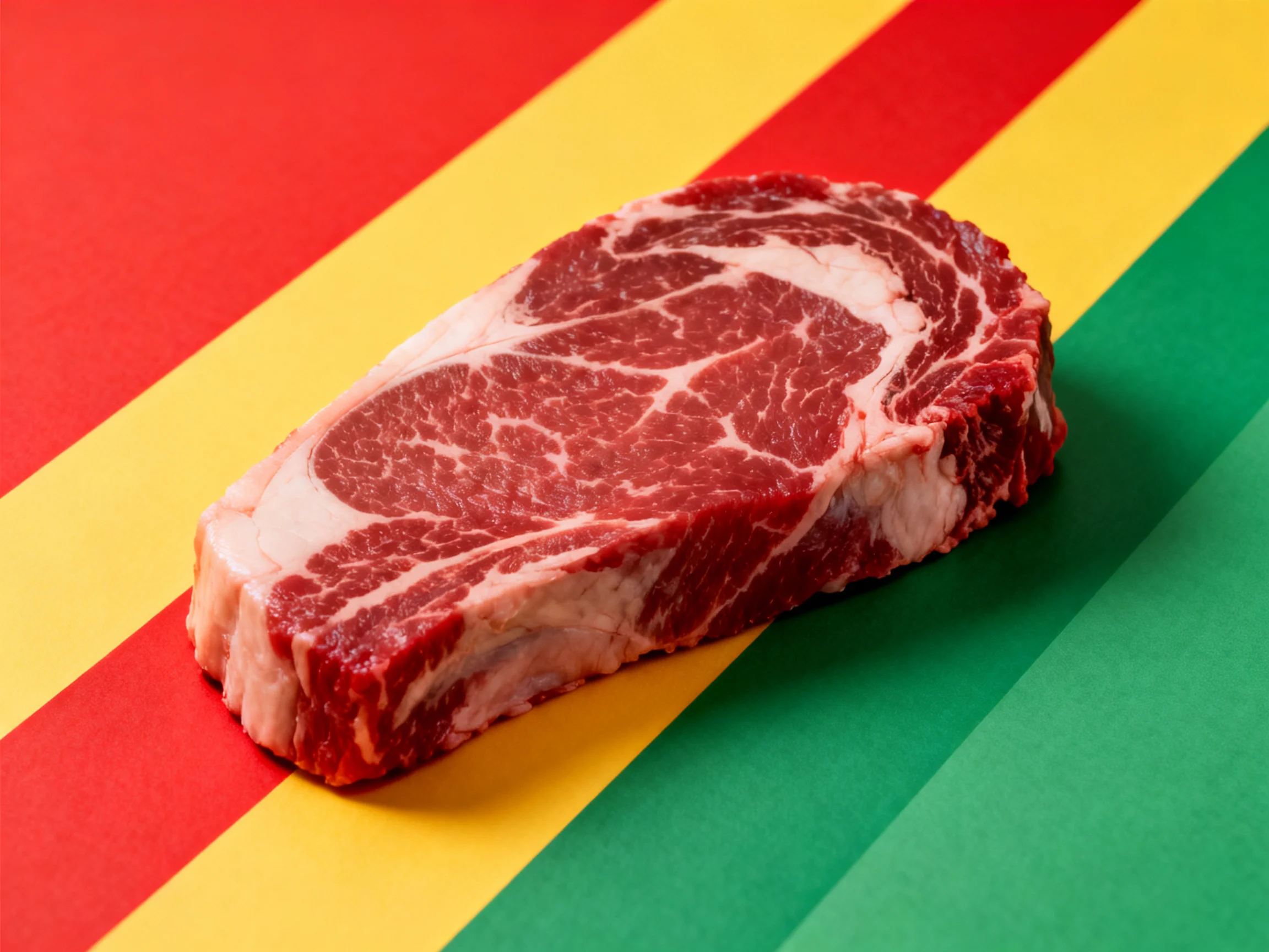 Marbled beef steak on bold red, yellow, green striped surface
