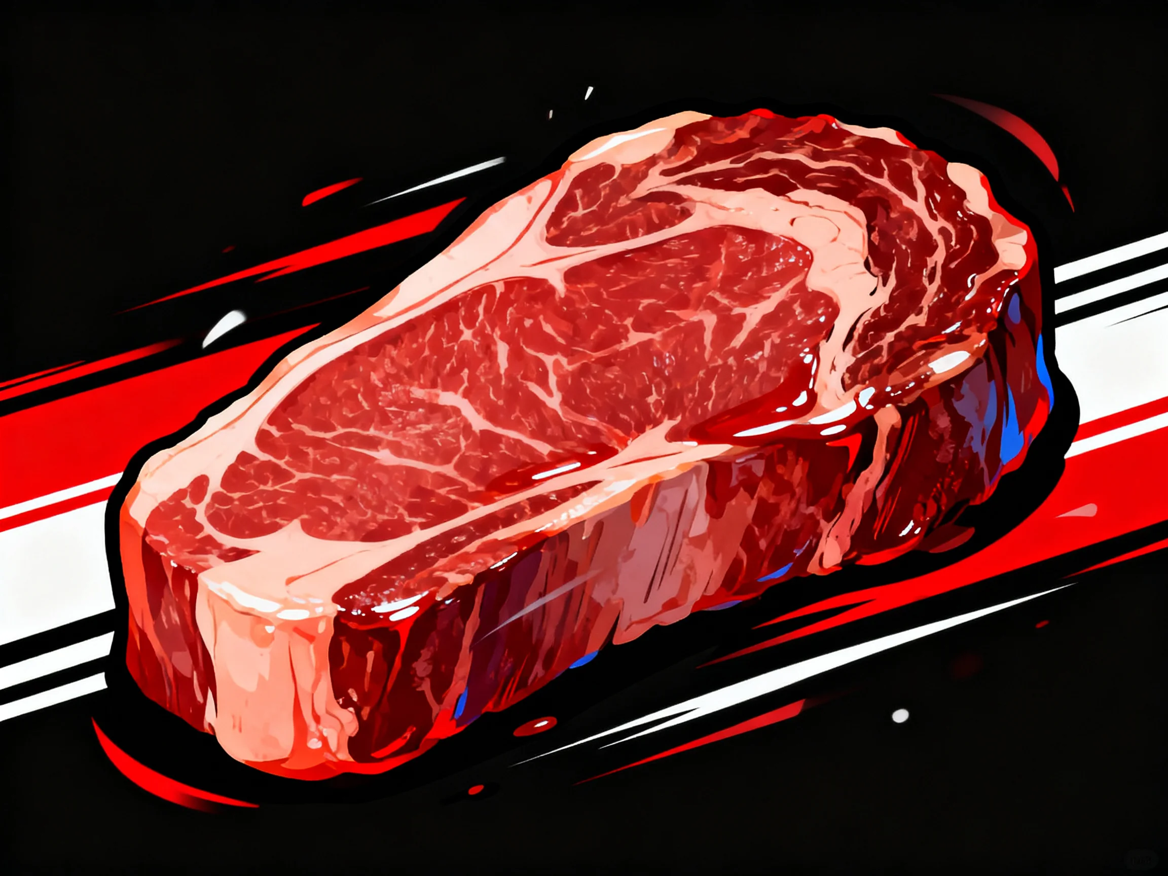 Marbled red steak with glossy texture on bold striped background