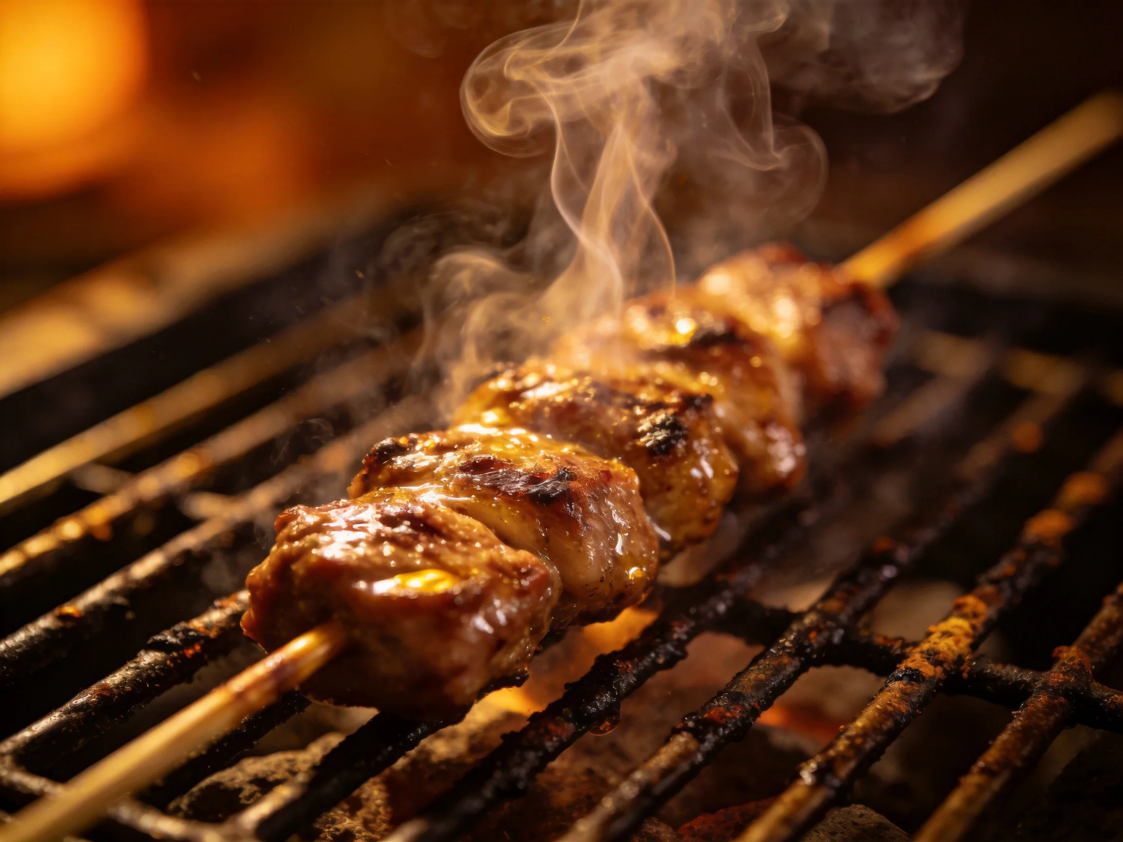 Marinated skewer of grilled meat sizzles over smoky barbecue grill