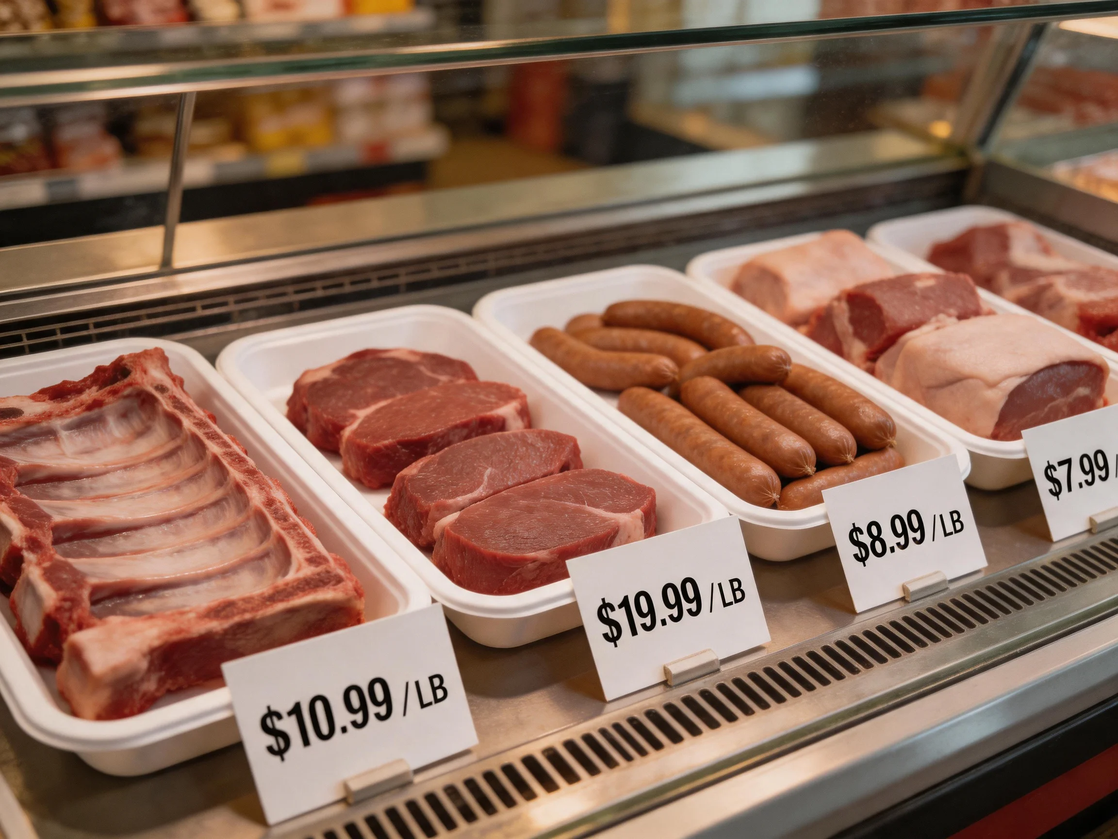 Meat display case with five trays of assorted raw meat cuts
