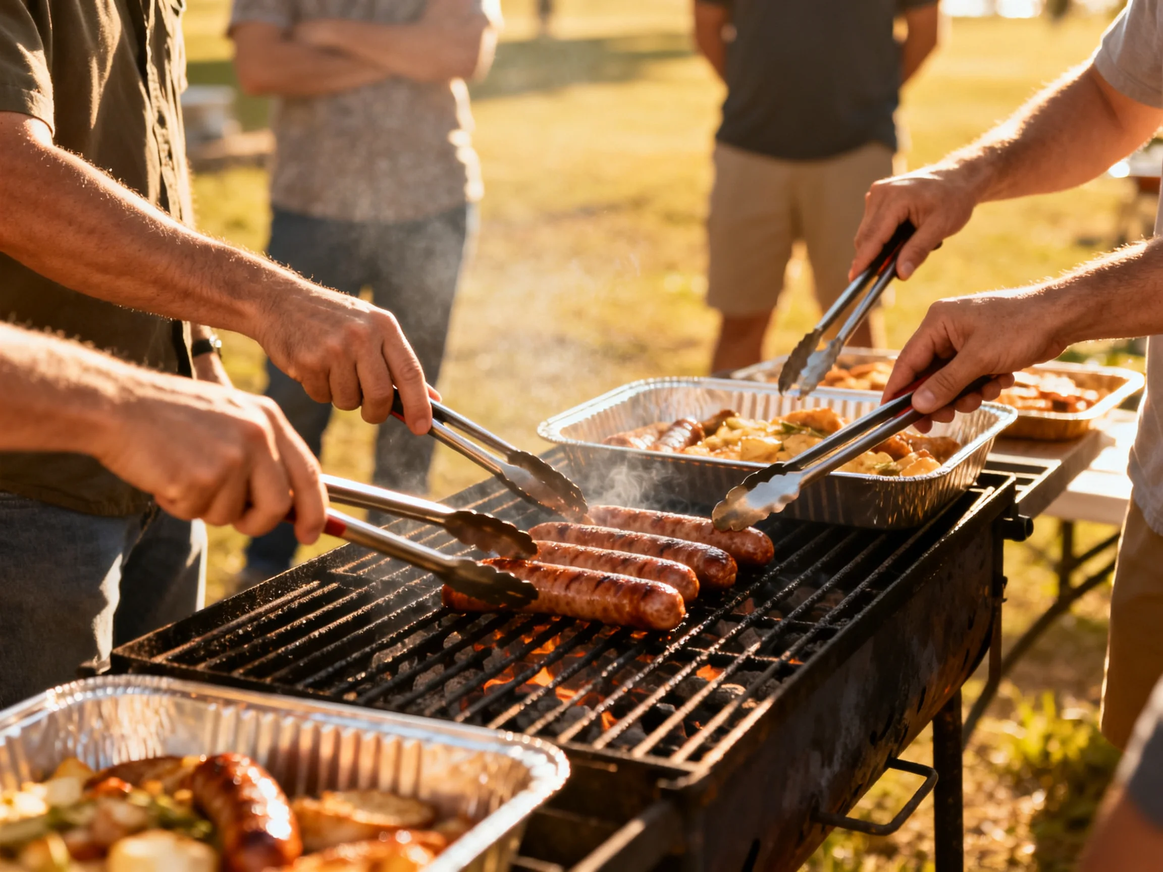 Men grill sausages on a charcoal grill during a sunny outdoor gathering