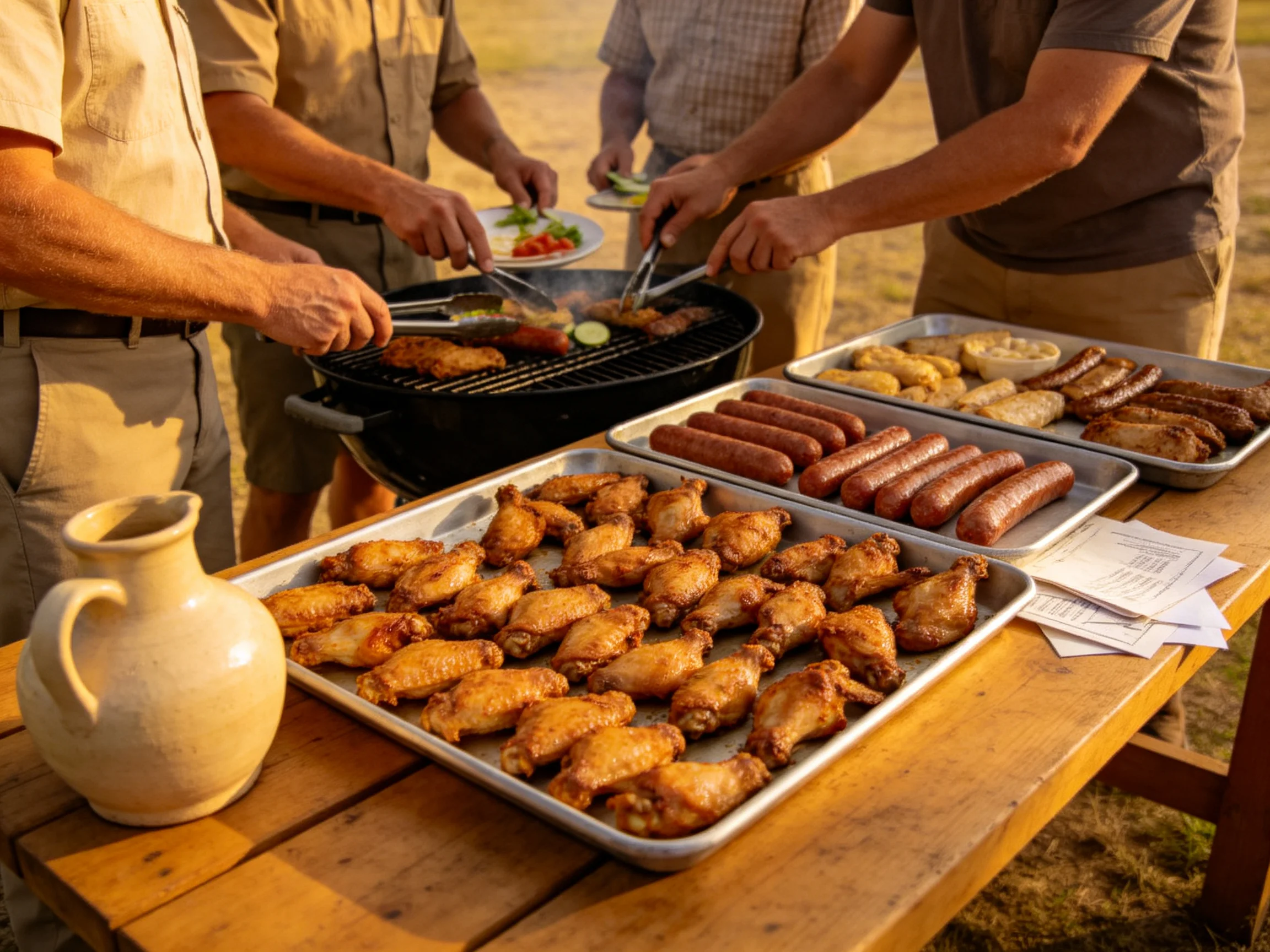 Men grilling chicken wings, sausages, and sides outdoors