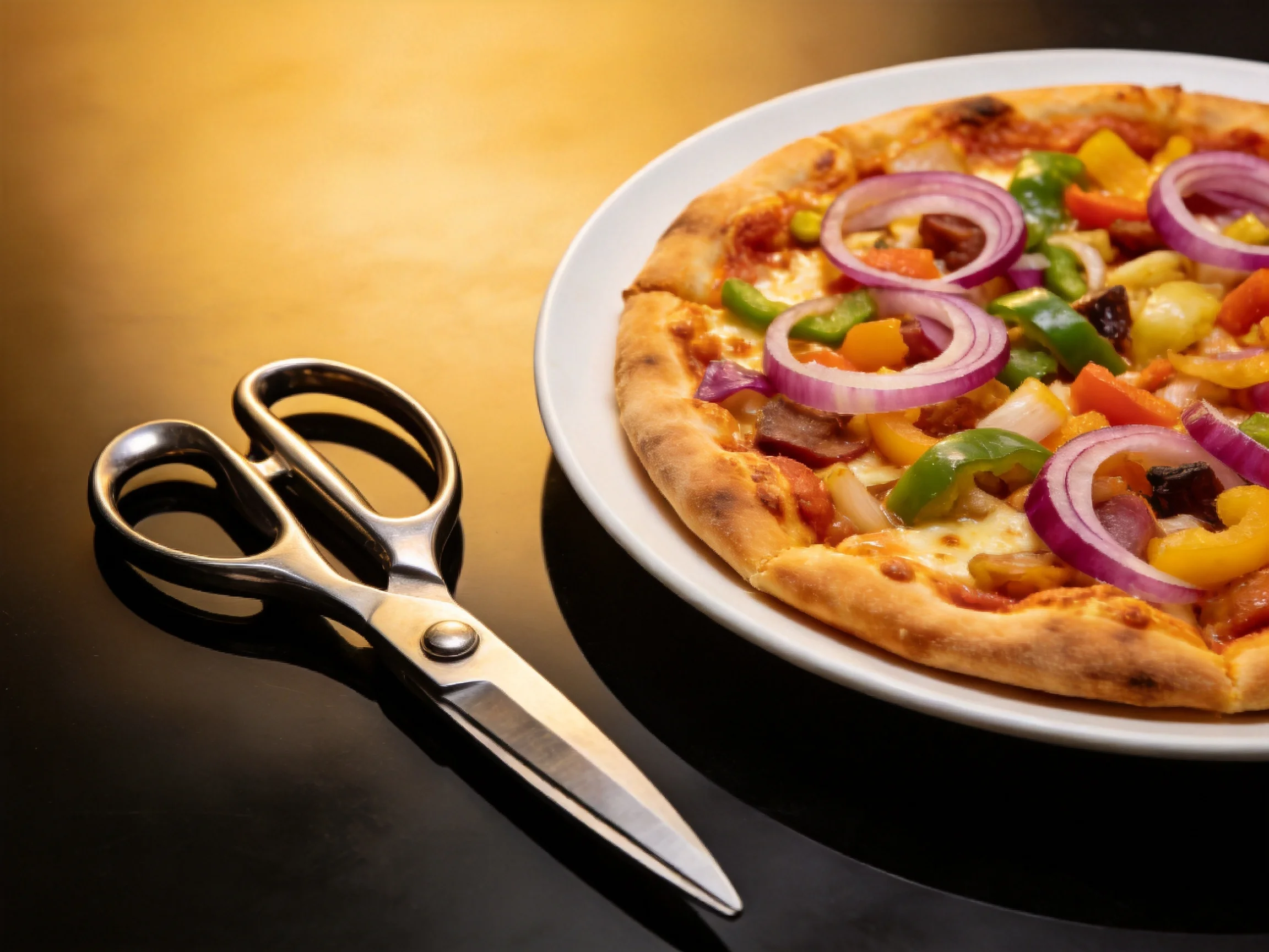 Metal scissors rest beside a veggie -opped round pizza on a dark surface